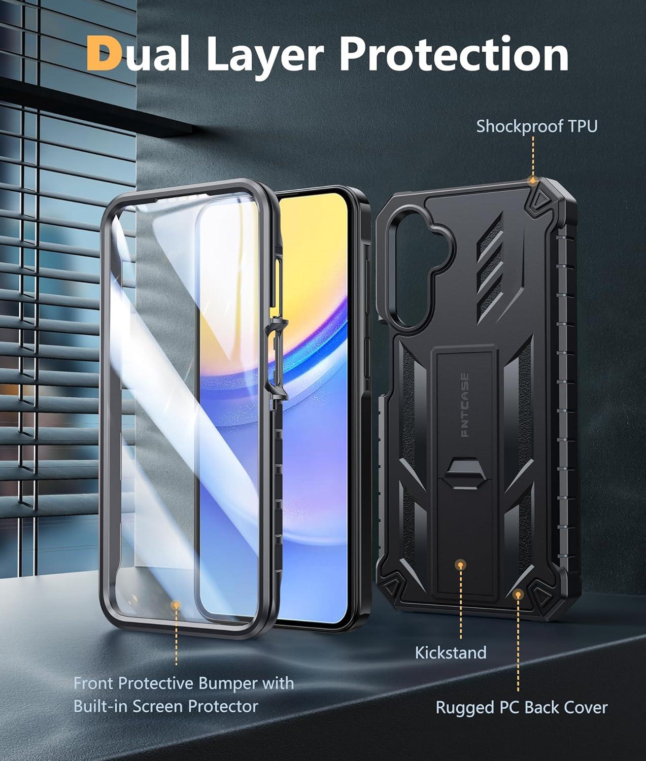 imageFNTCASE for Samsung Galaxy A155G Case Military Grade Drop Proof Protection Phone Cover with Kickstand Heavy Duty Rugged Full Body Protective Shockproof Matte Textured TPU Cases 65 Inch BlackBlack