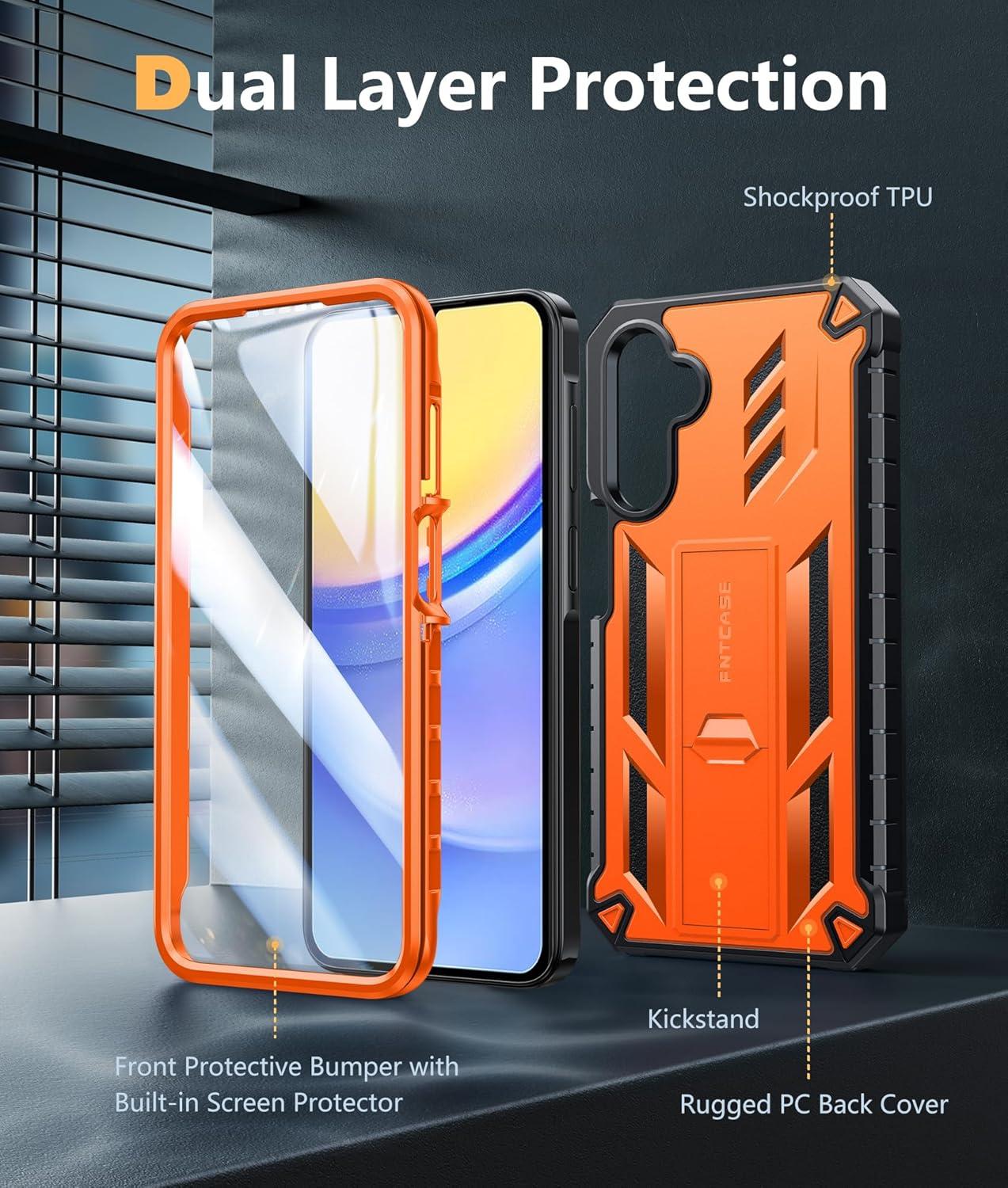 imageFNTCASE for Samsung Galaxy A155G Case Military Grade Drop Proof Protection Phone Cover with Kickstand Heavy Duty Rugged Full Body Protective Shockproof Matte Textured TPU Cases 65 Inch BlackOrange