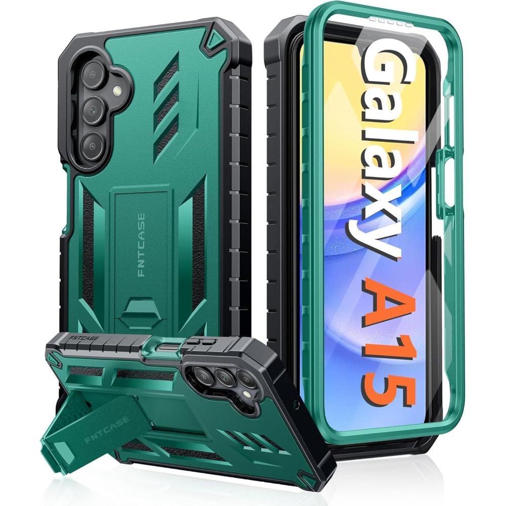 imageFNTCASE for Samsung Galaxy A155G Case Military Grade Drop Proof Protection Phone Cover with Kickstand Heavy Duty Rugged Full Body Protective Shockproof Matte Textured TPU Cases 65 Inch BlackGreen