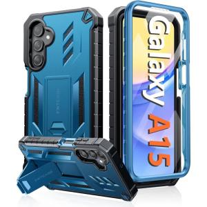 FNTCASE for Samsung Galaxy A15-5G Case: Military Grade Drop Proof Protection Phone Cover with Kickstand | Heavy Duty Rugged Full Body Protective Shockproof Matte Textured TPU Cases – 6.5 Inch (Black)(Blue)