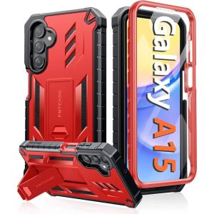FNTCASE for Samsung Galaxy A15-5G Case: Military Grade Drop Proof Protection Phone Cover with Kickstand | Heavy Duty Rugged Full Body Protective Shockproof Matte Textured TPU Cases – 6.5 Inch (Black)(Red)