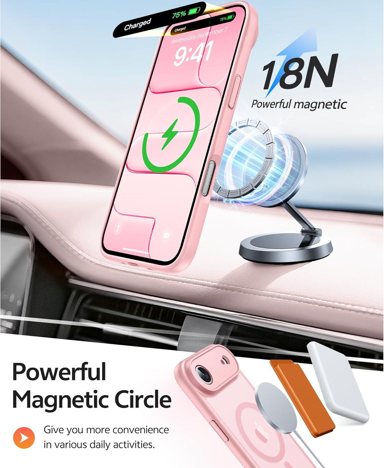 imageFNTCASE for iPhone 15 Pro Case Compatible with Magsafe Translucent Matte Magnetic Phone Cover Military Grade Drop Protection Shockproof Protective Cases BlackLight Pink
