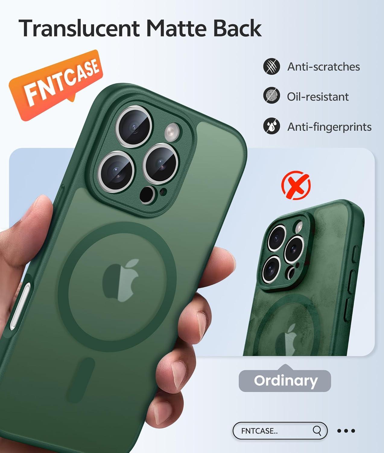 imageFNTCASE for iPhone 15 Pro Case Compatible with Magsafe Translucent Matte Magnetic Phone Cover Military Grade Drop Protection Shockproof Protective Cases BlackGreen