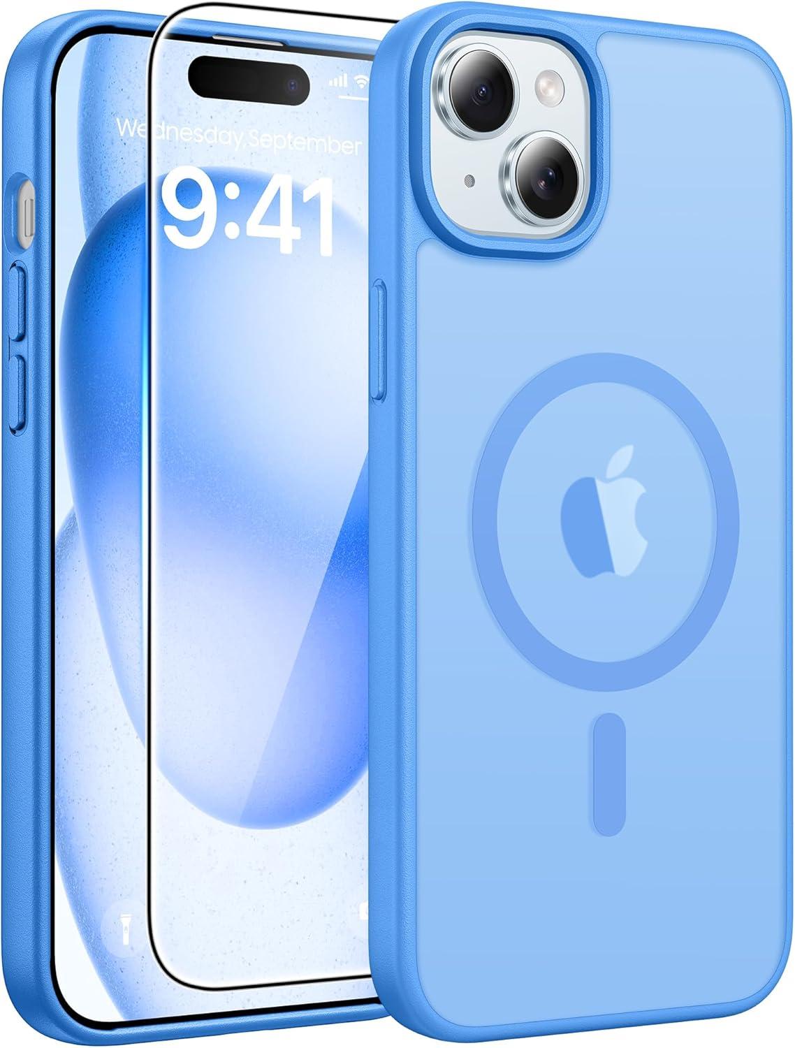 imageFNTCASE for iPhone 15 Pro Case Compatible with Magsafe Translucent Matte Magnetic Phone Cover Military Grade Drop Protection Shockproof Protective Cases BlackIce Blue