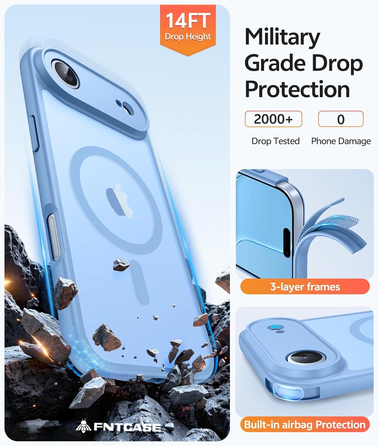 imageFNTCASE for iPhone 15 Pro Case Compatible with Magsafe Translucent Matte Magnetic Phone Cover Military Grade Drop Protection Shockproof Protective Cases BlackLight Blue