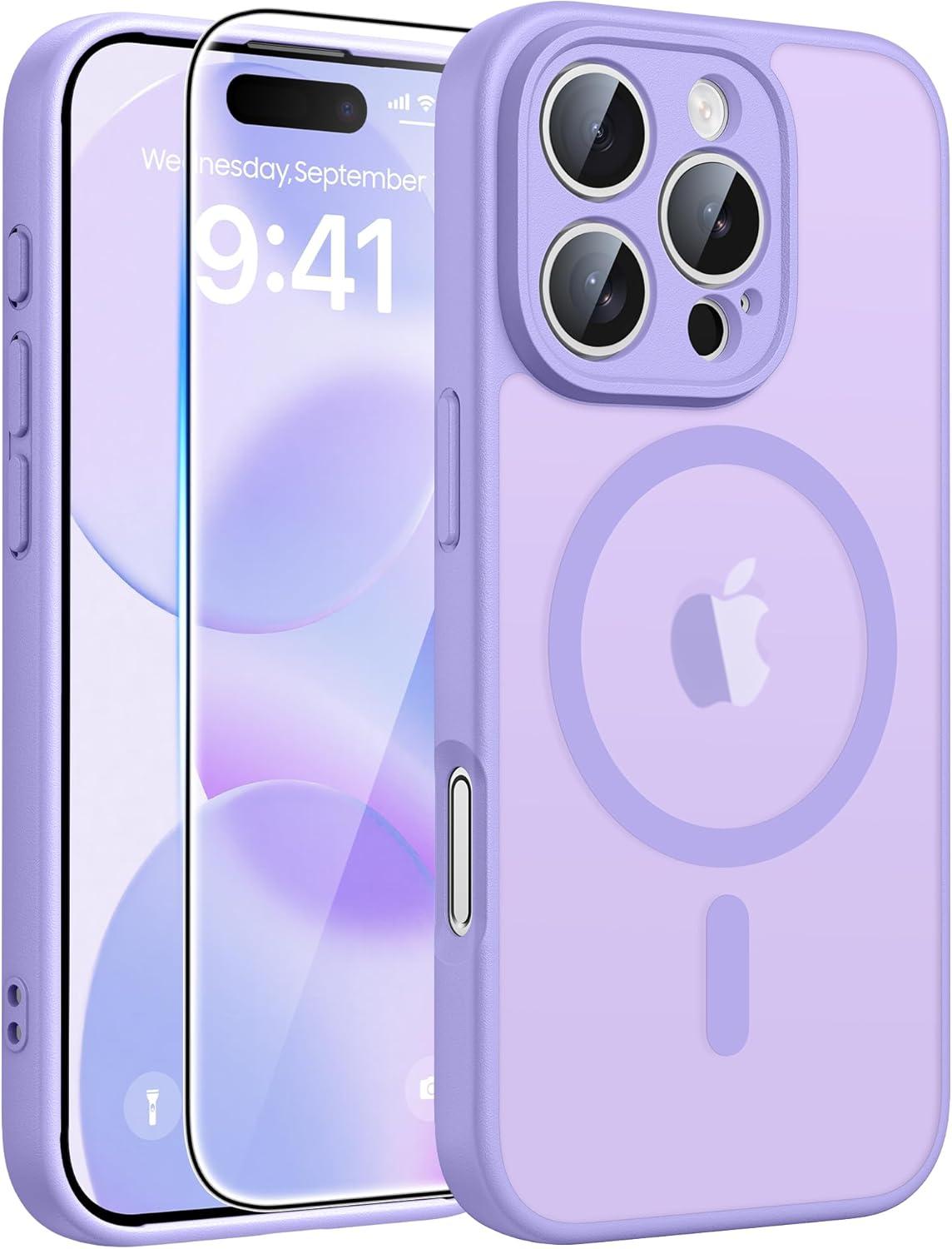 imageFNTCASE for iPhone 15 Pro Case Compatible with Magsafe Translucent Matte Magnetic Phone Cover Military Grade Drop Protection Shockproof Protective Cases BlackLight Purple