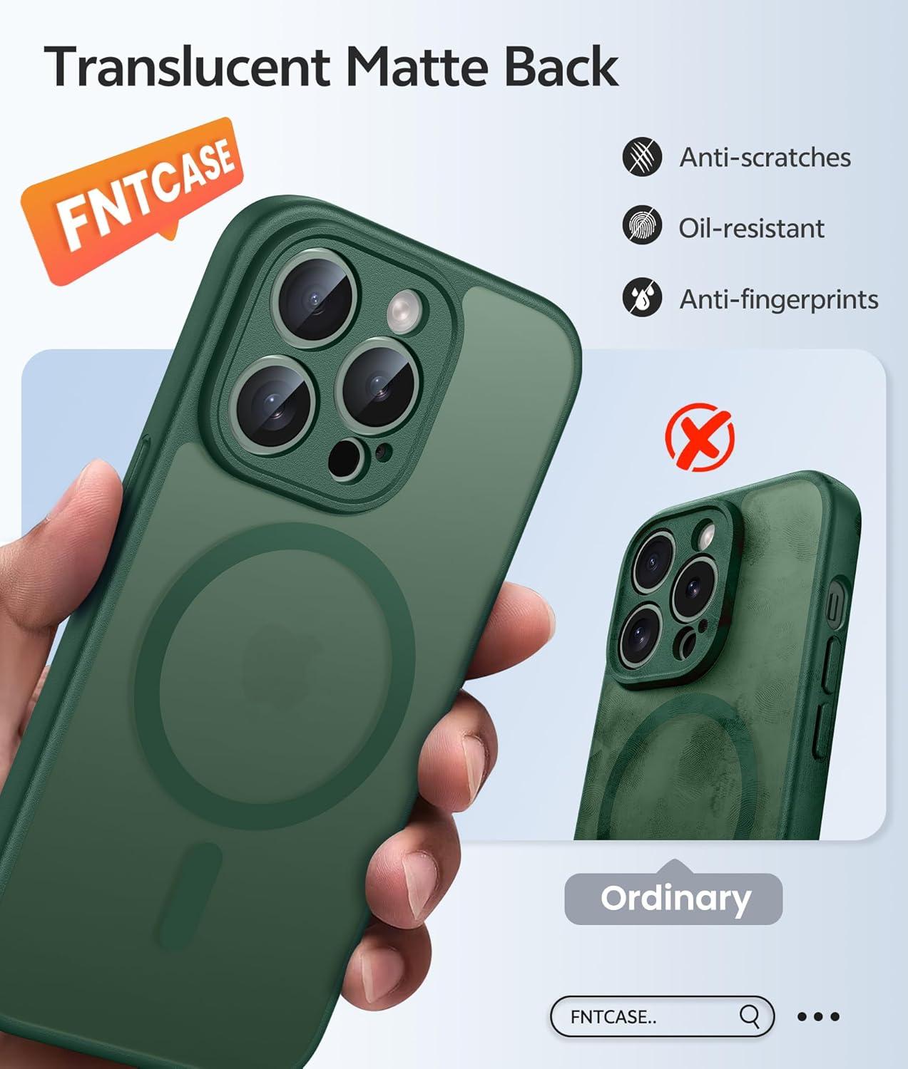 imageFNTCASE for iPhone 15 Pro Case Compatible with Magsafe Translucent Matte Magnetic Phone Cover Military Grade Drop Protection Shockproof Protective Cases BlackGreen