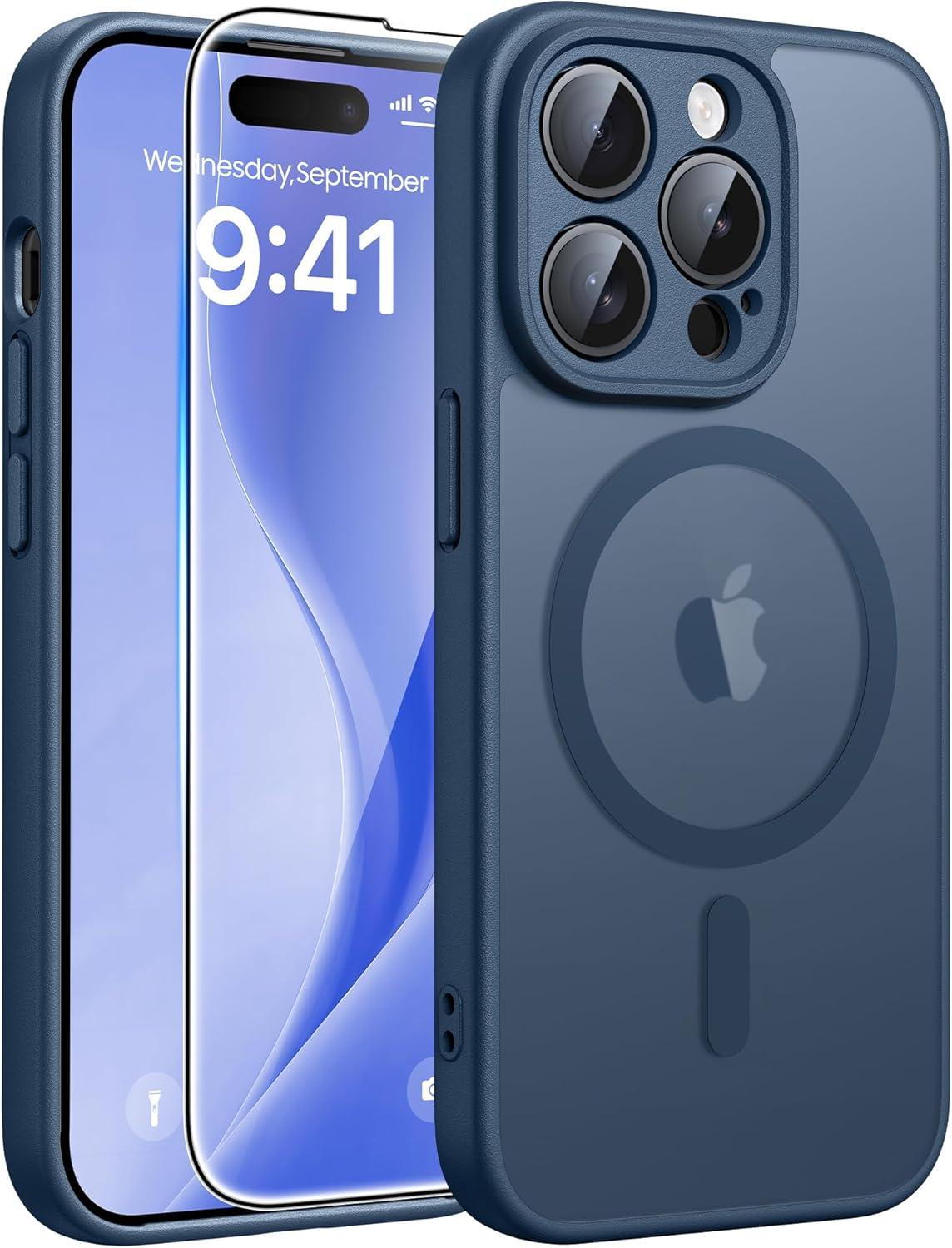 imageFNTCASE for iPhone 15 Pro Case Compatible with Magsafe Translucent Matte Magnetic Phone Cover Military Grade Drop Protection Shockproof Protective Cases BlackBlue