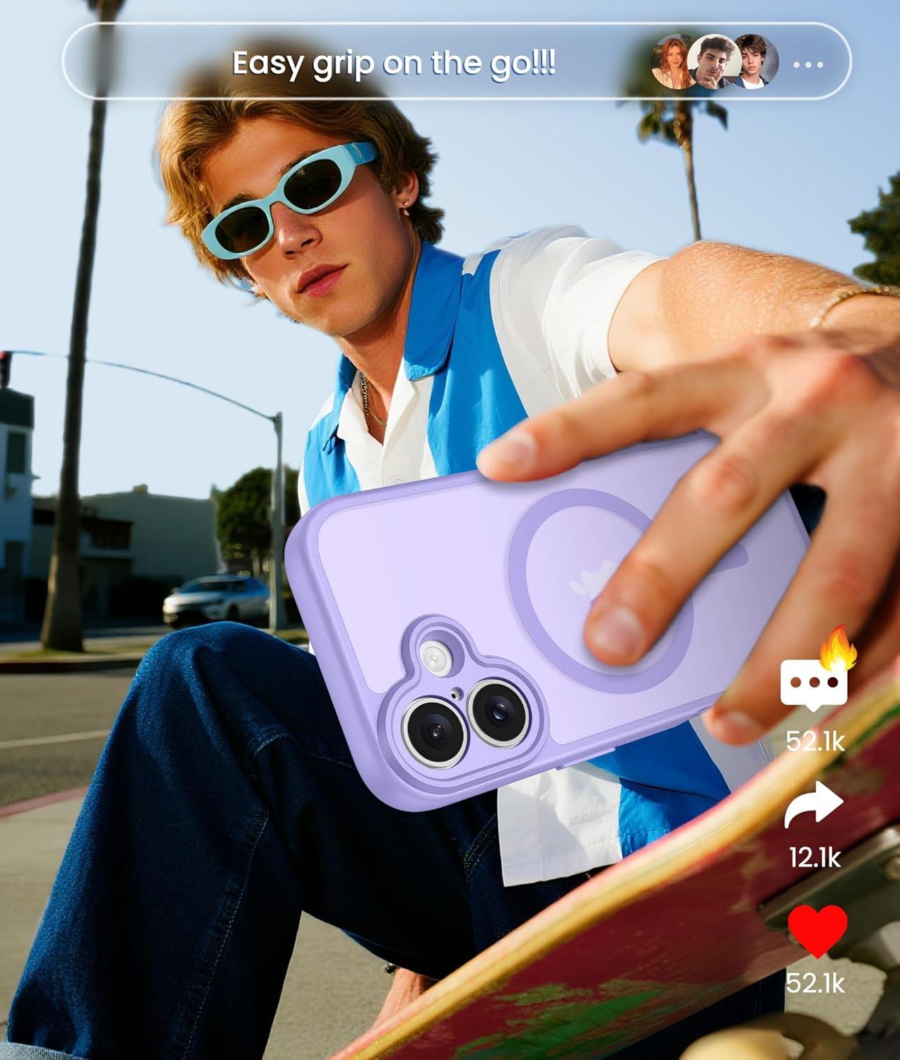 imageFNTCASE for iPhone 15 Pro Case Compatible with Magsafe Translucent Matte Magnetic Phone Cover Military Grade Drop Protection Shockproof Protective Cases BlackLight Purple