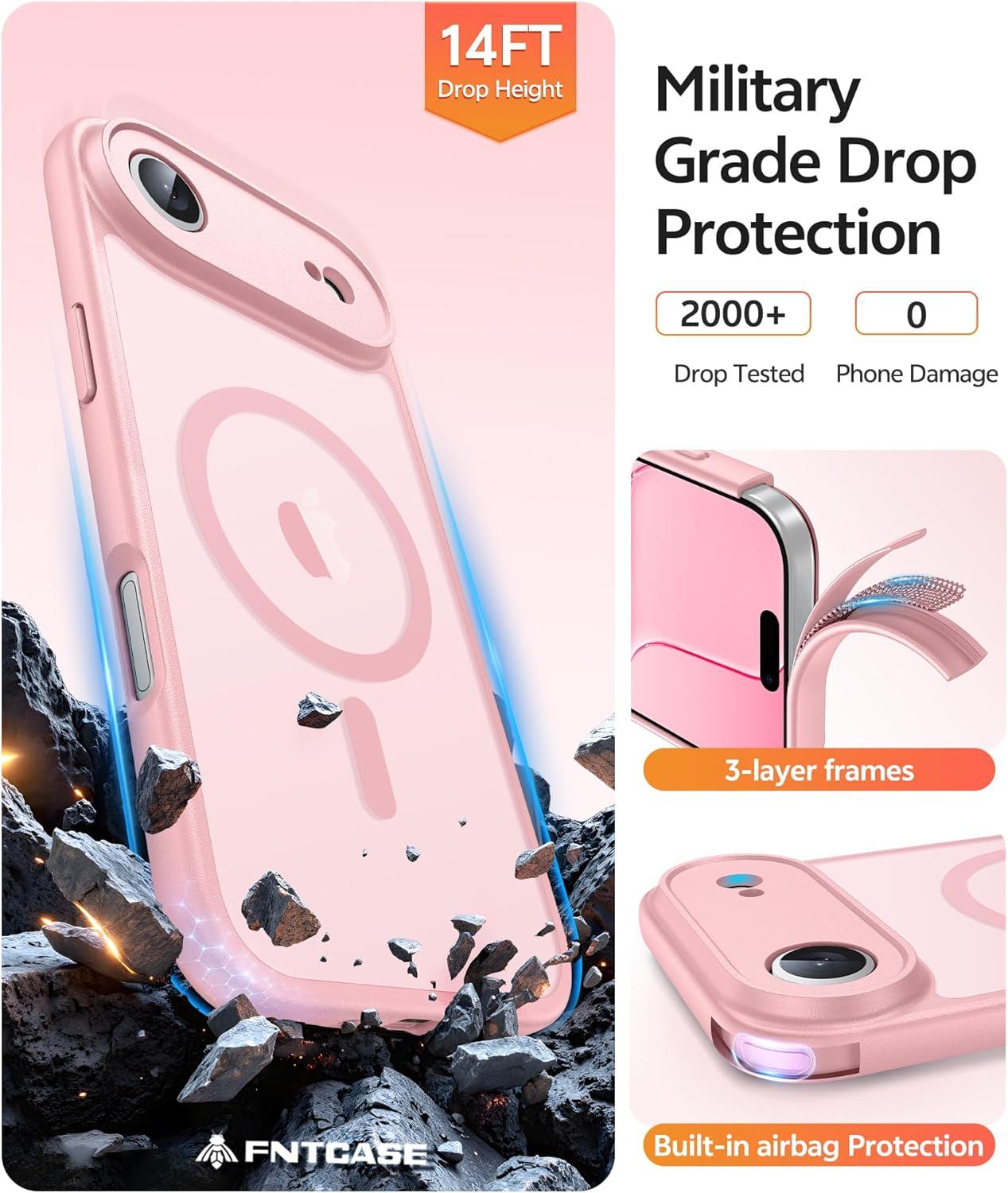imageFNTCASE for iPhone 15 Pro Case Compatible with Magsafe Translucent Matte Magnetic Phone Cover Military Grade Drop Protection Shockproof Protective Cases BlackLight Pink