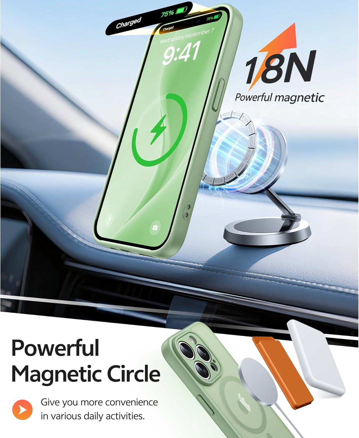 imageFNTCASE for iPhone 15 Pro Case Compatible with Magsafe Translucent Matte Magnetic Phone Cover Military Grade Drop Protection Shockproof Protective Cases BlackLight Moss
