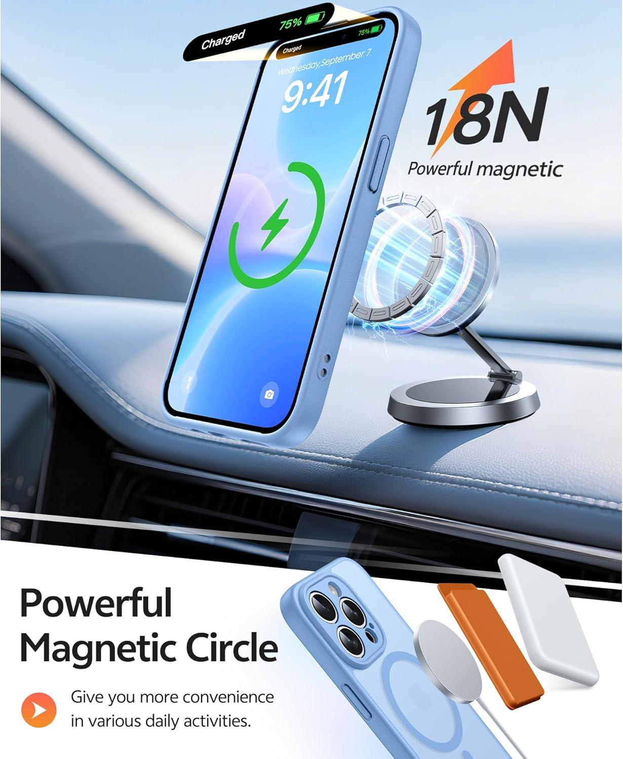 imageFNTCASE for iPhone 15 Pro Case Compatible with Magsafe Translucent Matte Magnetic Phone Cover Military Grade Drop Protection Shockproof Protective Cases BlackLight Blue