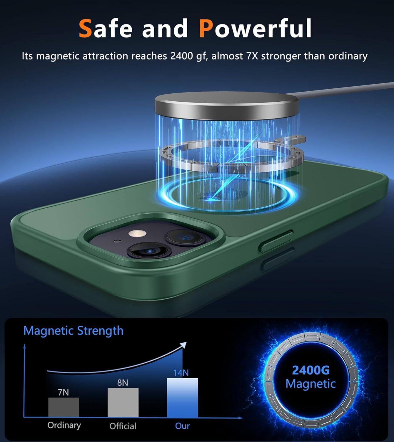 imageFNTCASE for iPhone 15 Pro Case Compatible with Magsafe Translucent Matte Magnetic Phone Cover Military Grade Drop Protection Shockproof Protective Cases BlackGreen