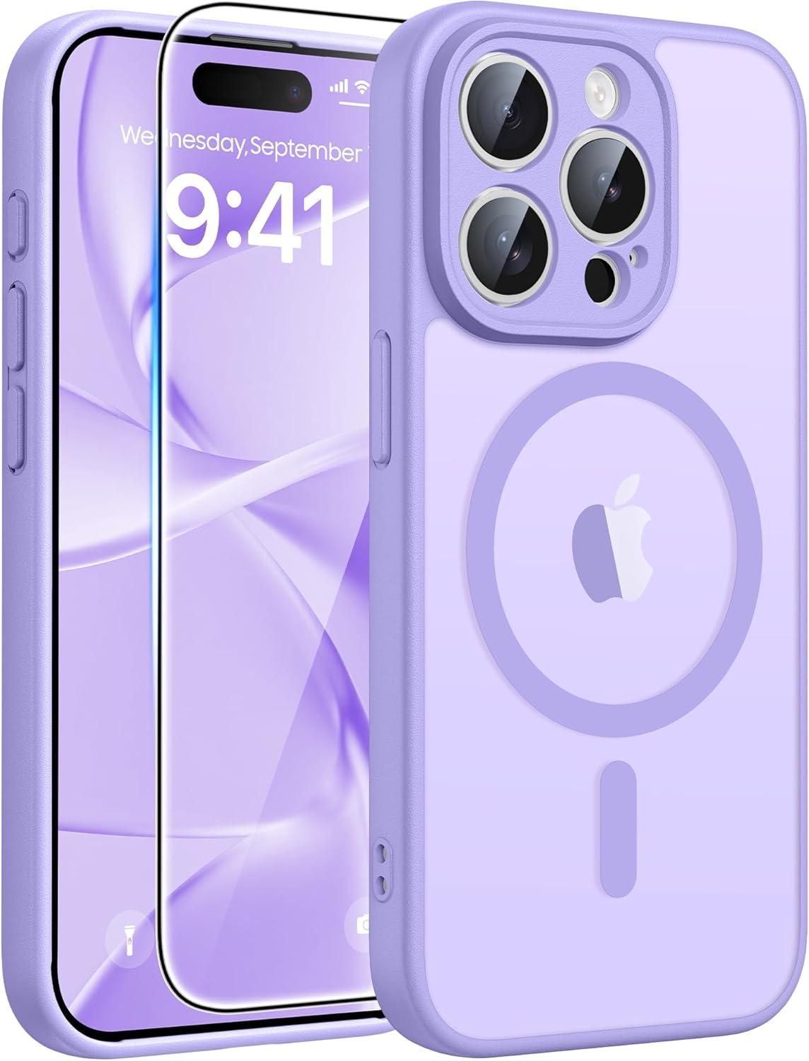 imageFNTCASE for iPhone 15 Pro Case Compatible with Magsafe Translucent Matte Magnetic Phone Cover Military Grade Drop Protection Shockproof Protective Cases BlackLight Purple