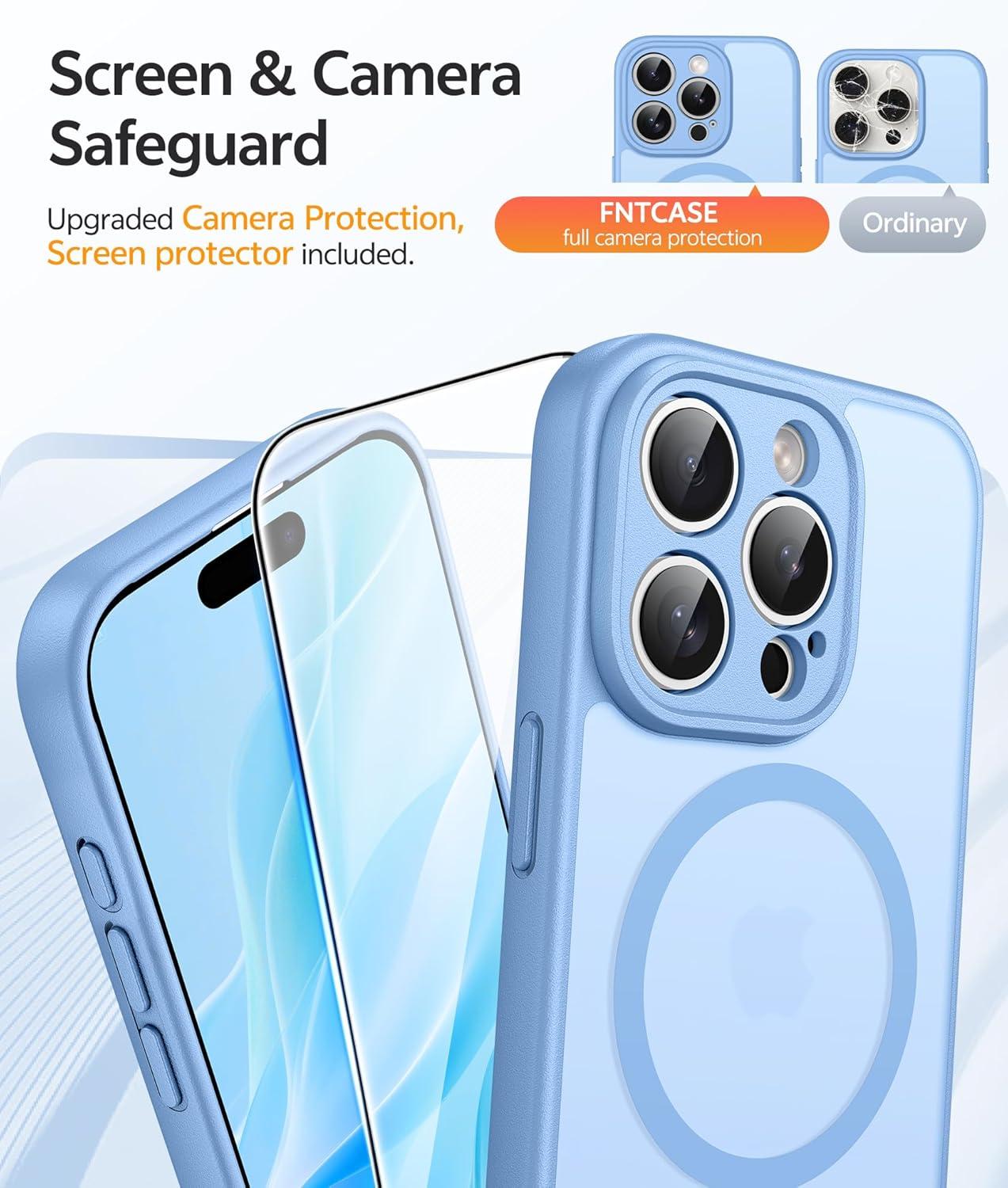 imageFNTCASE for iPhone 15 Pro Case Compatible with Magsafe Translucent Matte Magnetic Phone Cover Military Grade Drop Protection Shockproof Protective Cases BlackLight Blue