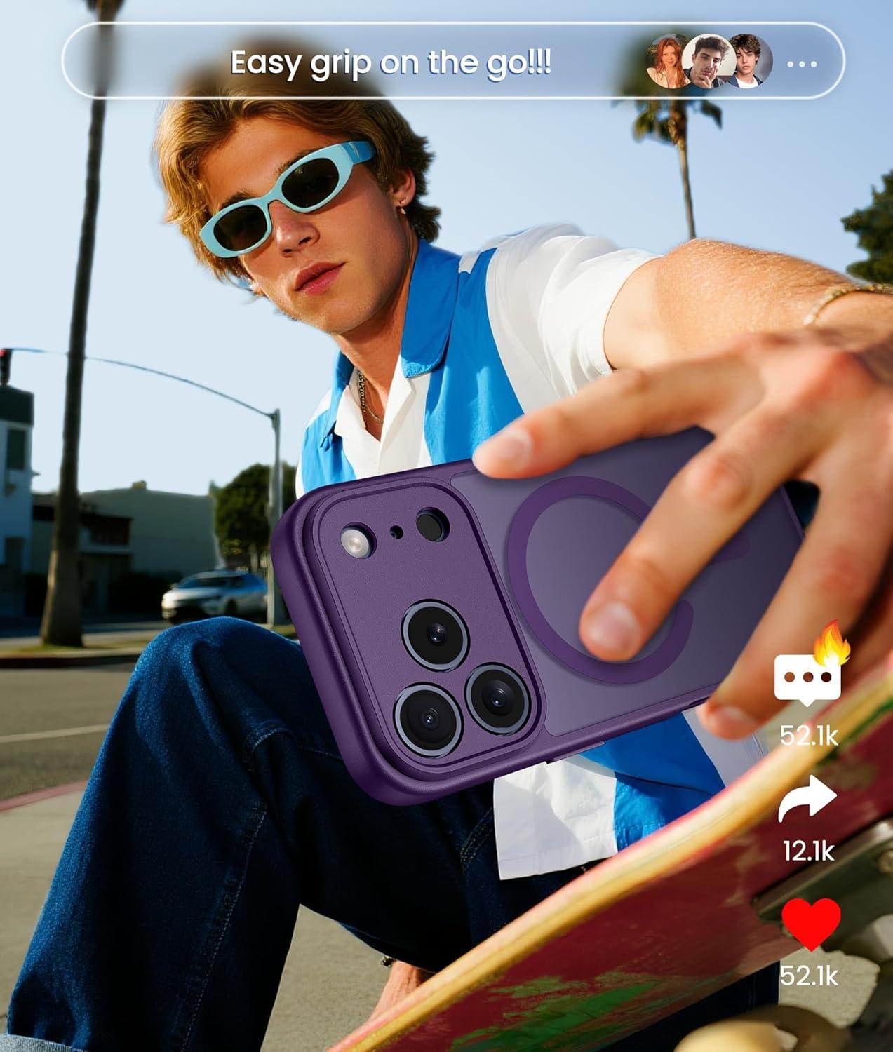 imageFNTCASE for iPhone 15 Pro Case Compatible with Magsafe Translucent Matte Magnetic Phone Cover Military Grade Drop Protection Shockproof Protective Cases BlackPurple