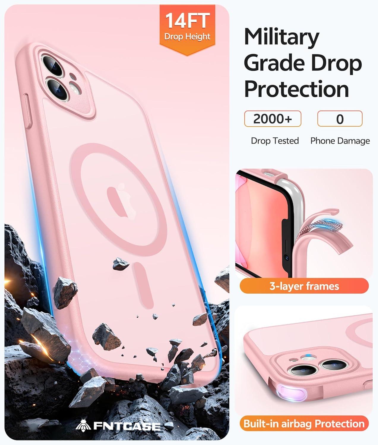 imageFNTCASE for iPhone 15 Pro Case Compatible with Magsafe Translucent Matte Magnetic Phone Cover Military Grade Drop Protection Shockproof Protective Cases BlackLight Pink