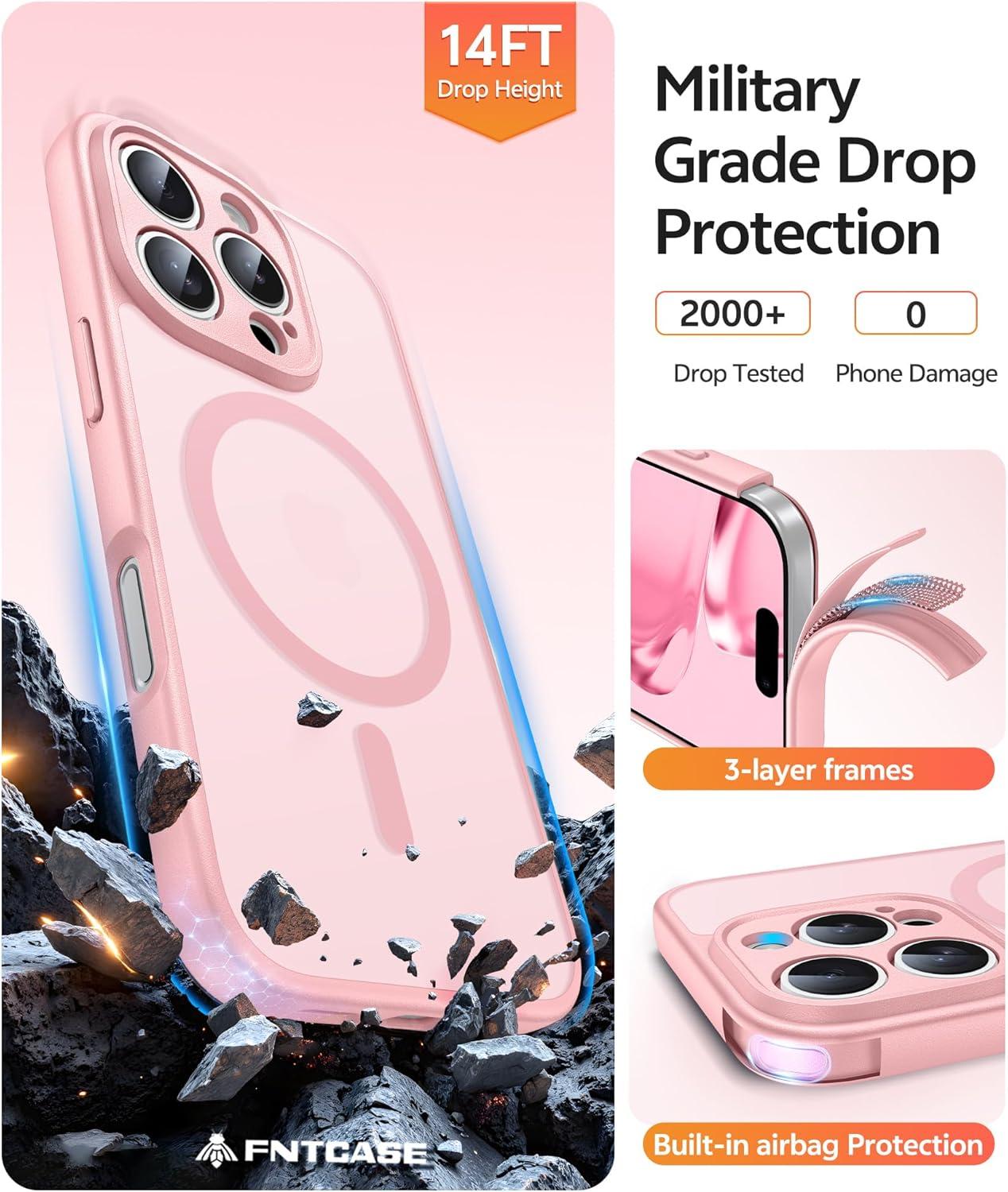 imageFNTCASE for iPhone 15 Pro Case Compatible with Magsafe Translucent Matte Magnetic Phone Cover Military Grade Drop Protection Shockproof Protective Cases BlackLight Pink