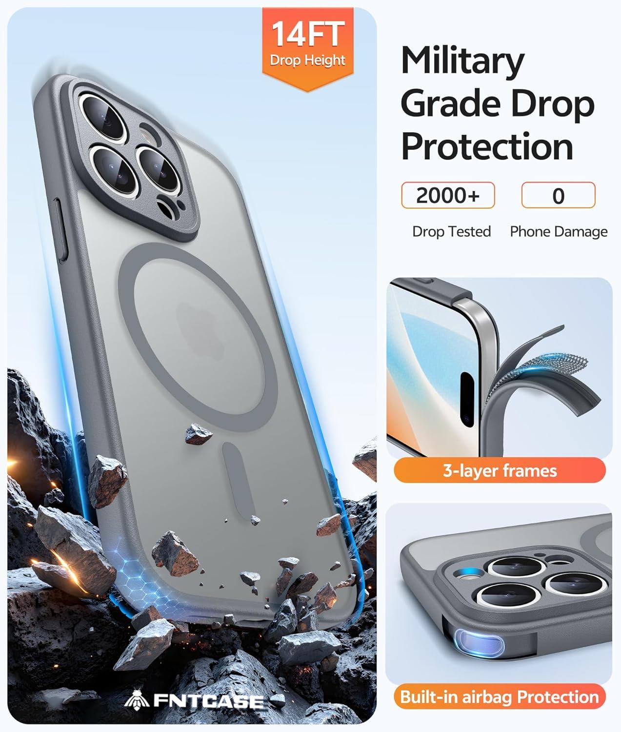 imageFNTCASE for iPhone 15 Pro Case Compatible with Magsafe Translucent Matte Magnetic Phone Cover Military Grade Drop Protection Shockproof Protective Cases BlackGray