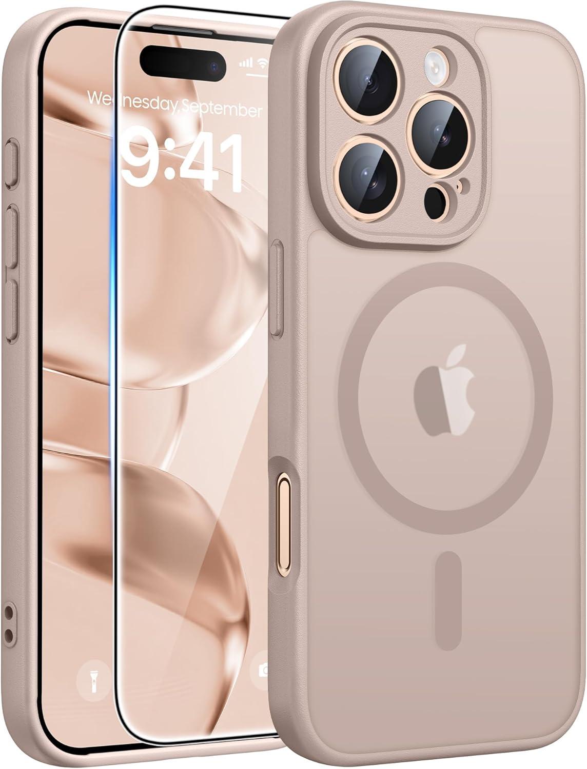 imageFNTCASE for iPhone 15 Pro Case Compatible with Magsafe Translucent Matte Magnetic Phone Cover Military Grade Drop Protection Shockproof Protective Cases BlackDesert Gold
