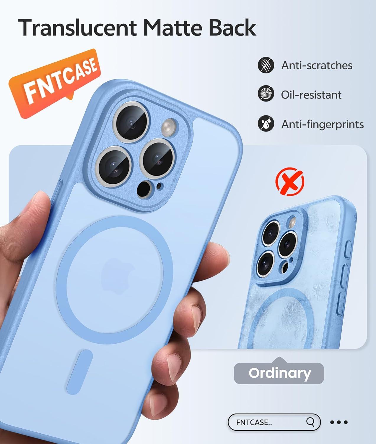 imageFNTCASE for iPhone 15 Pro Case Compatible with Magsafe Translucent Matte Magnetic Phone Cover Military Grade Drop Protection Shockproof Protective Cases BlackLight Blue