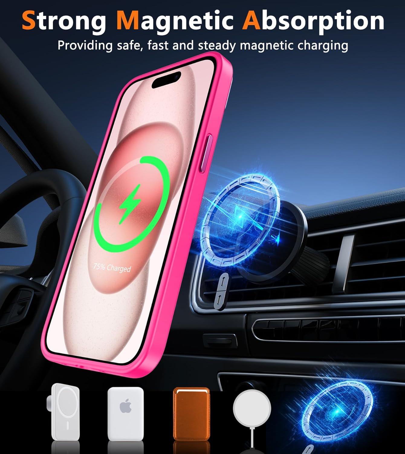 imageFNTCASE for iPhone 15 Pro Case Compatible with Magsafe Translucent Matte Magnetic Phone Cover Military Grade Drop Protection Shockproof Protective Cases BlackHot Pink