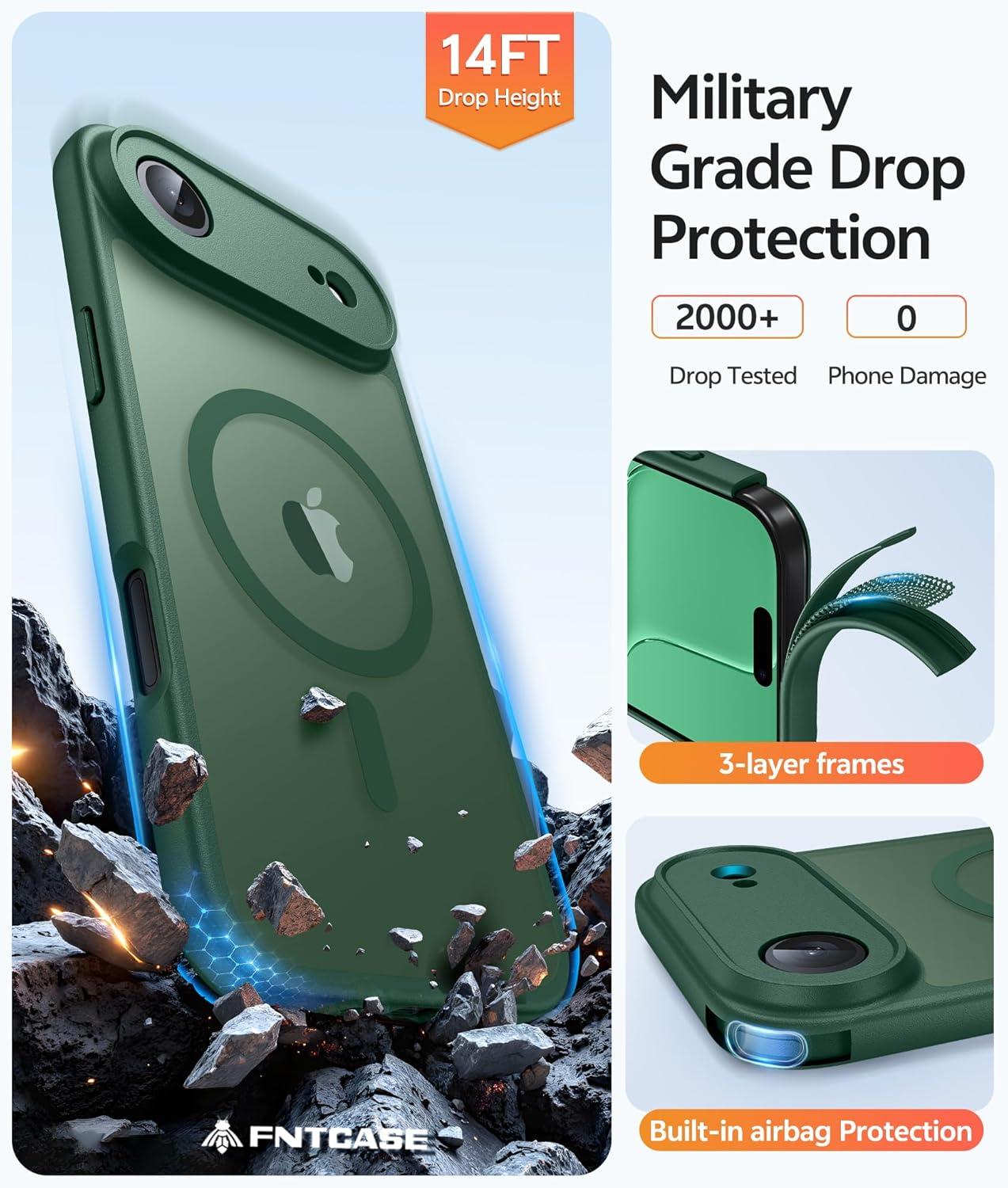 imageFNTCASE for iPhone 15 Pro Case Compatible with Magsafe Translucent Matte Magnetic Phone Cover Military Grade Drop Protection Shockproof Protective Cases BlackGreen