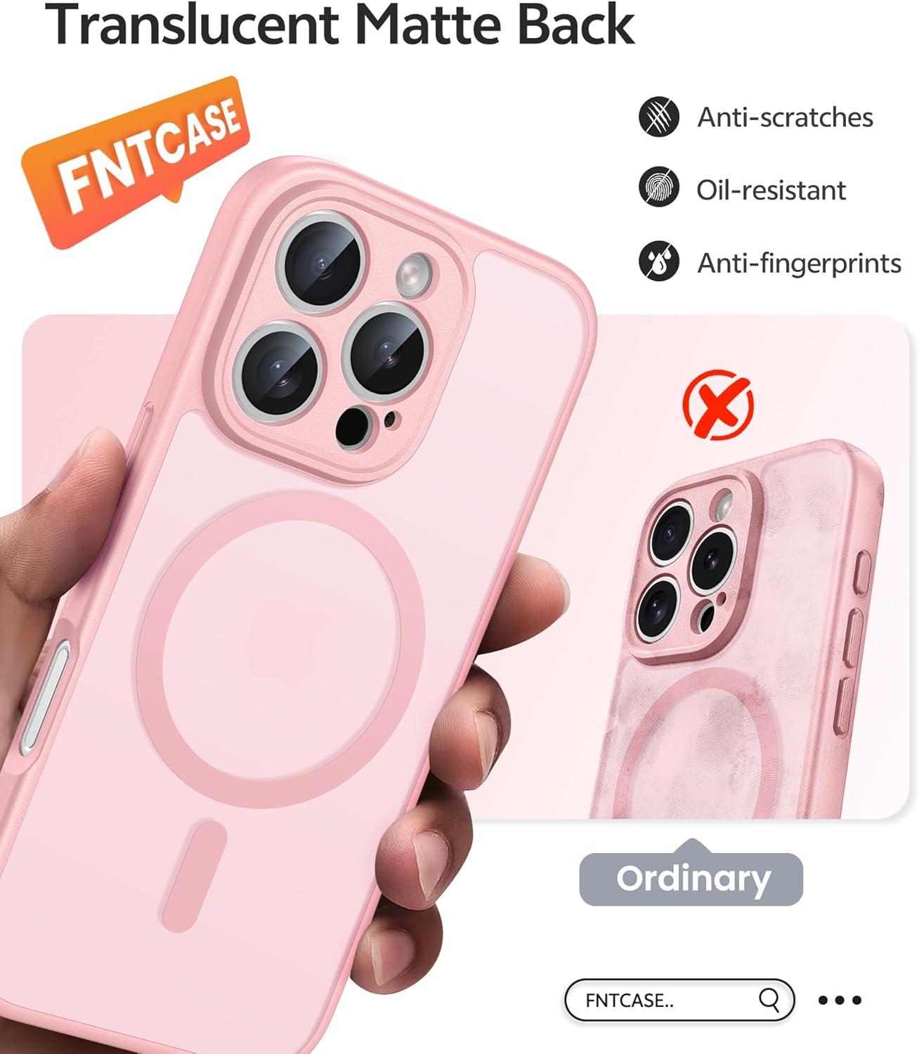 imageFNTCASE for iPhone 15 Pro Case Compatible with Magsafe Translucent Matte Magnetic Phone Cover Military Grade Drop Protection Shockproof Protective Cases BlackLight Pink