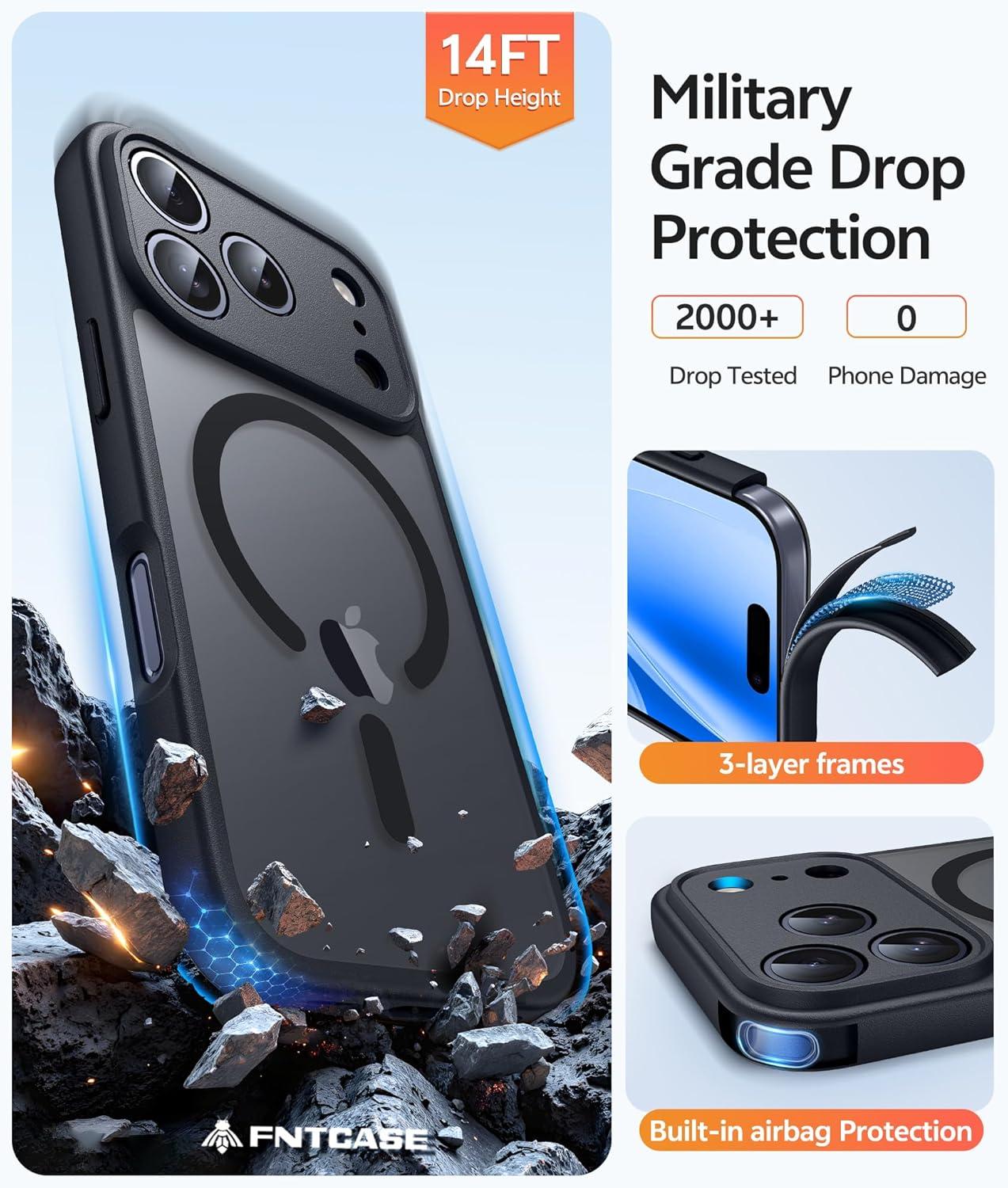 imageFNTCASE for iPhone 15 Pro Case Compatible with Magsafe Translucent Matte Magnetic Phone Cover Military Grade Drop Protection Shockproof Protective Cases BlackBlack