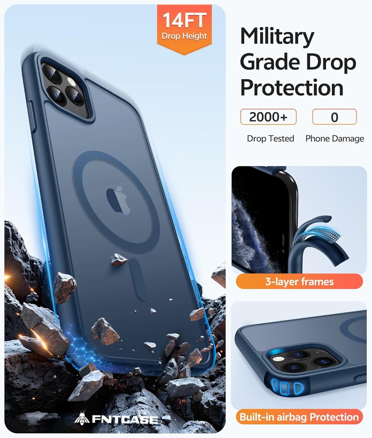 imageFNTCASE for iPhone 15 Pro Case Compatible with Magsafe Translucent Matte Magnetic Phone Cover Military Grade Drop Protection Shockproof Protective Cases BlackBlue