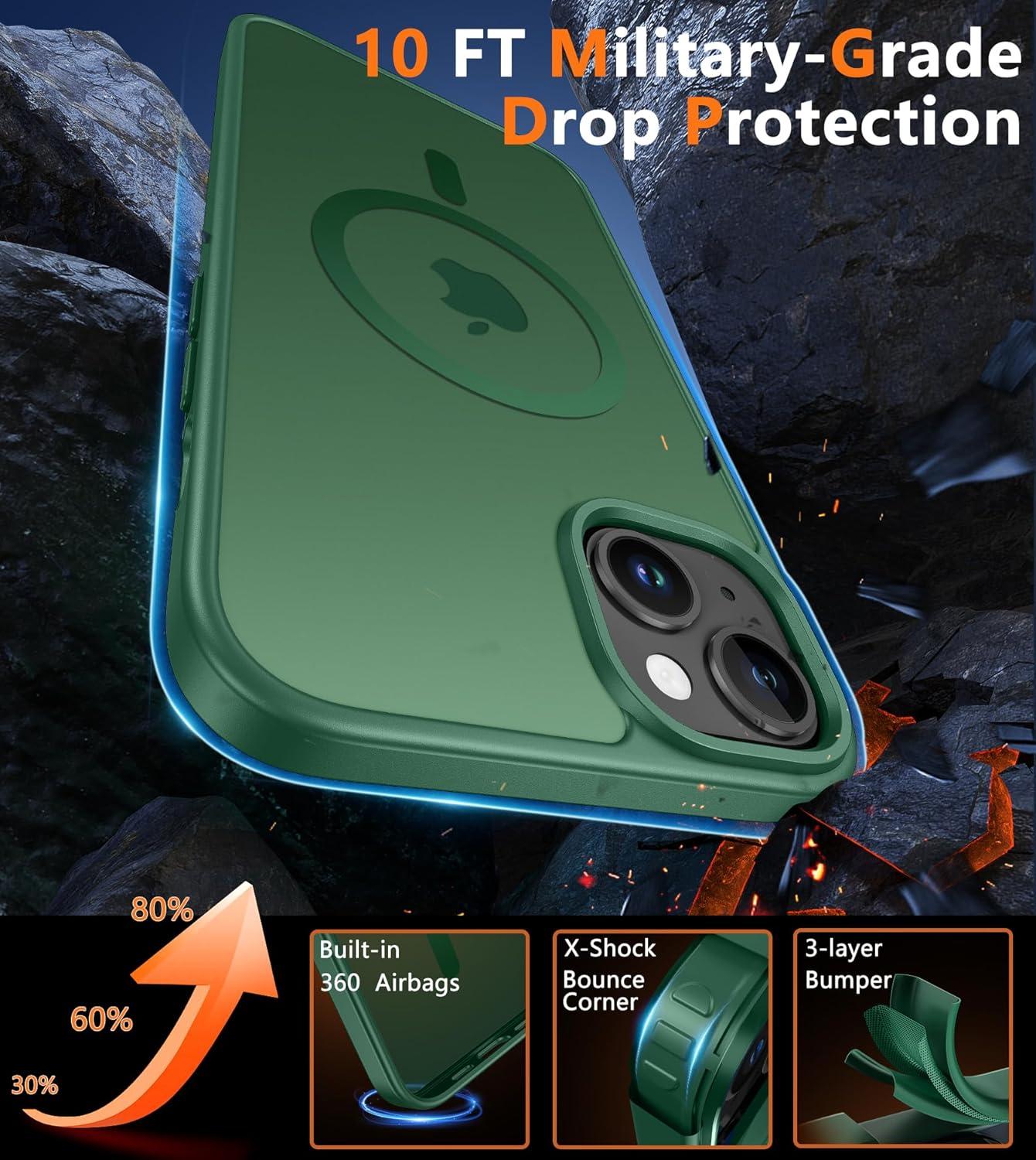 imageFNTCASE for iPhone 15 Pro Case Compatible with Magsafe Translucent Matte Magnetic Phone Cover Military Grade Drop Protection Shockproof Protective Cases BlackGreen