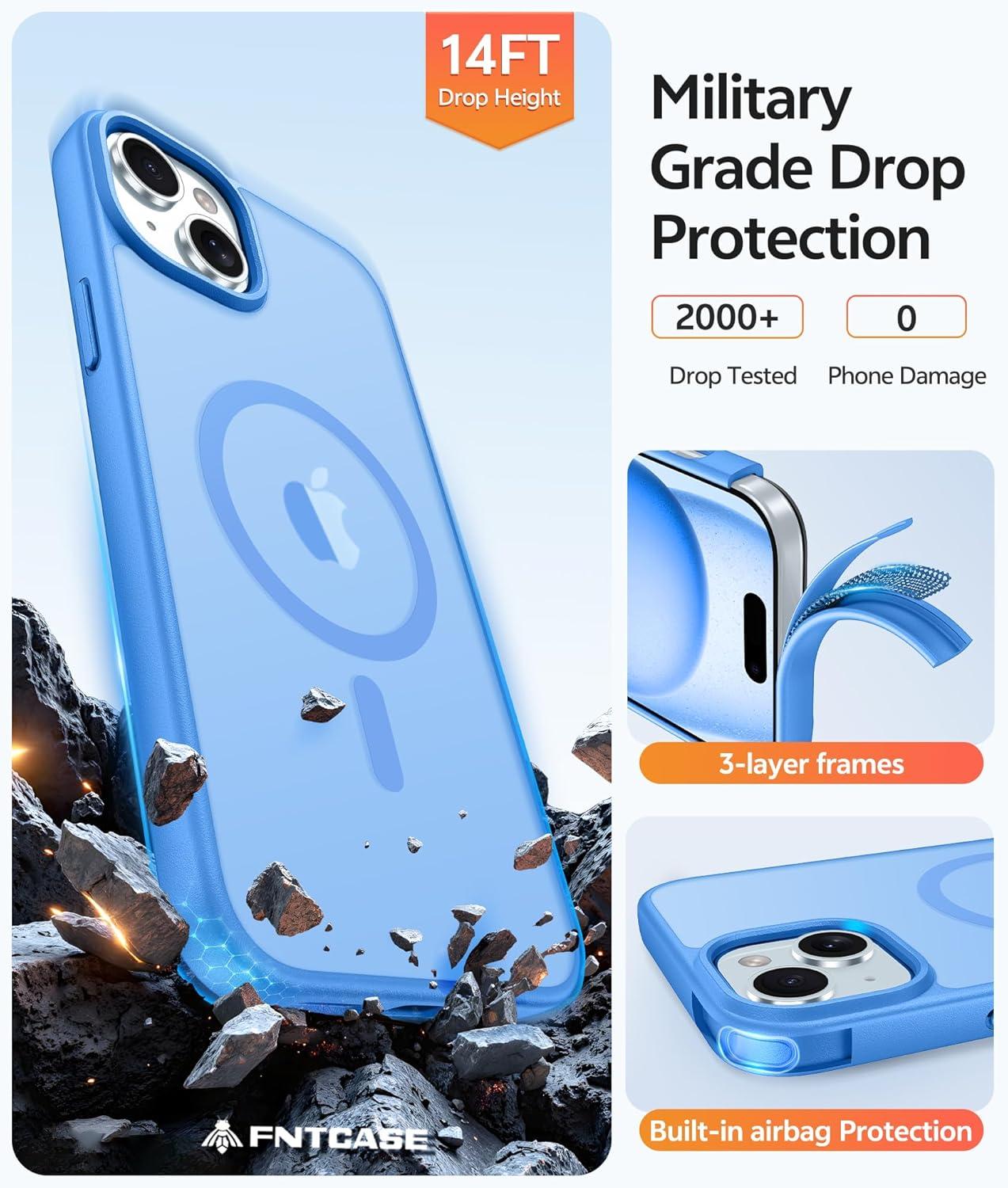 imageFNTCASE for iPhone 15 Pro Case Compatible with Magsafe Translucent Matte Magnetic Phone Cover Military Grade Drop Protection Shockproof Protective Cases BlackIce Blue