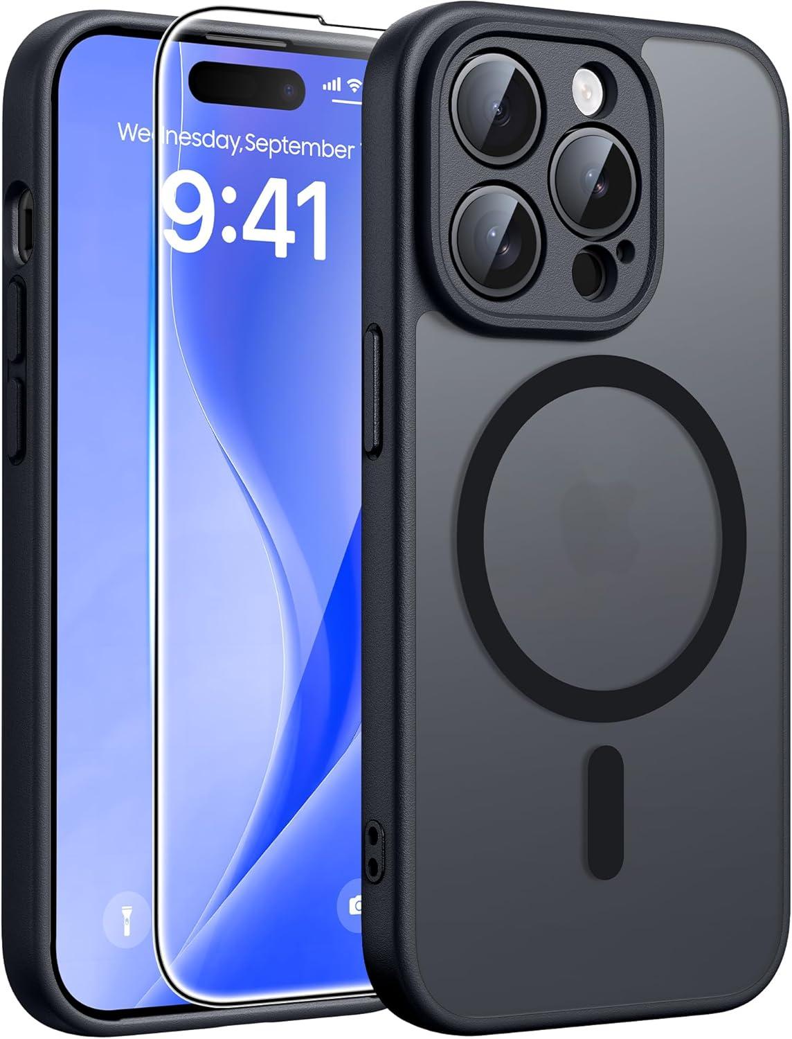 imageFNTCASE for iPhone 15 Pro Case Compatible with Magsafe Translucent Matte Magnetic Phone Cover Military Grade Drop Protection Shockproof Protective Cases BlackBlack