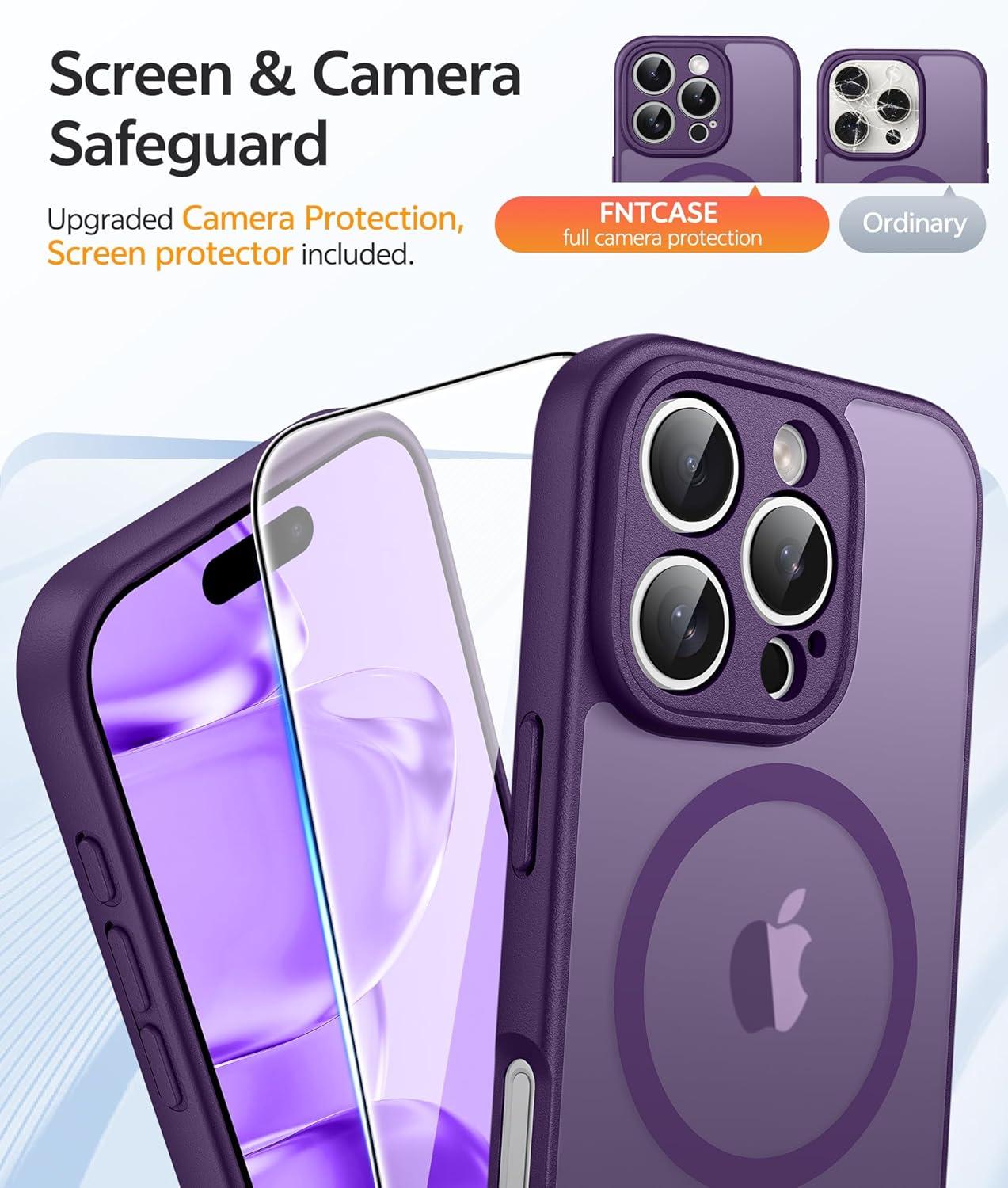 imageFNTCASE for iPhone 15 Pro Case Compatible with Magsafe Translucent Matte Magnetic Phone Cover Military Grade Drop Protection Shockproof Protective Cases BlackPurple