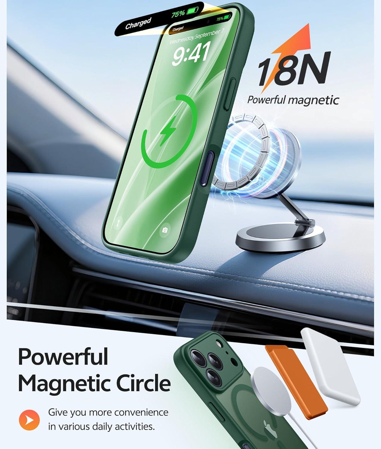 imageFNTCASE for iPhone 15 Pro Case Compatible with Magsafe Translucent Matte Magnetic Phone Cover Military Grade Drop Protection Shockproof Protective Cases BlackGreen