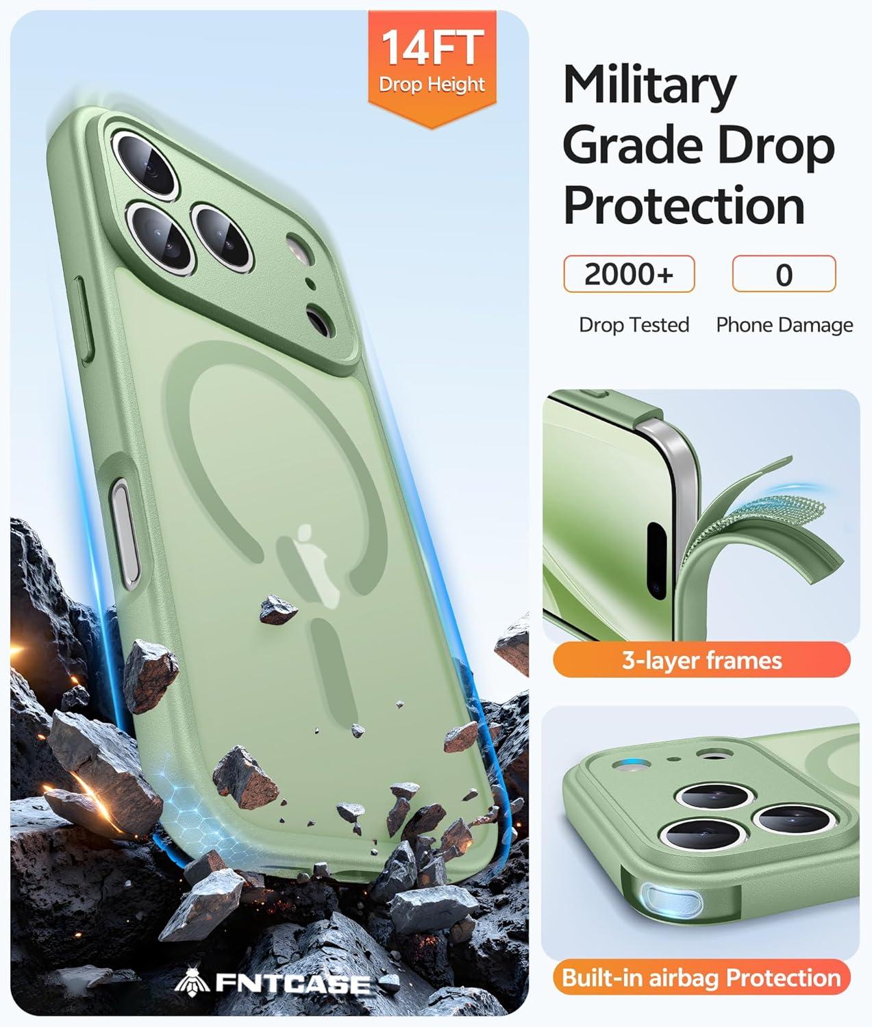 imageFNTCASE for iPhone 15 Pro Case Compatible with Magsafe Translucent Matte Magnetic Phone Cover Military Grade Drop Protection Shockproof Protective Cases BlackLight Moss