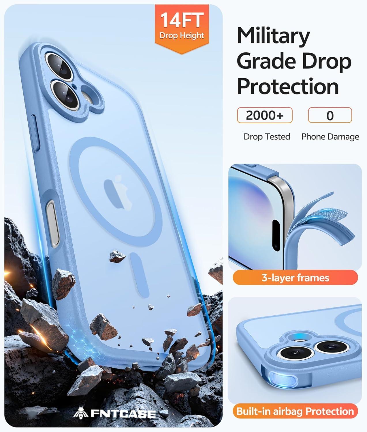 imageFNTCASE for iPhone 15 Pro Case Compatible with Magsafe Translucent Matte Magnetic Phone Cover Military Grade Drop Protection Shockproof Protective Cases BlackLight Blue
