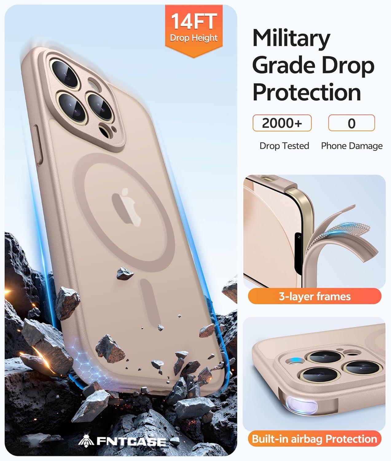 imageFNTCASE for iPhone 15 Pro Case Compatible with Magsafe Translucent Matte Magnetic Phone Cover Military Grade Drop Protection Shockproof Protective Cases BlackDesert Gold