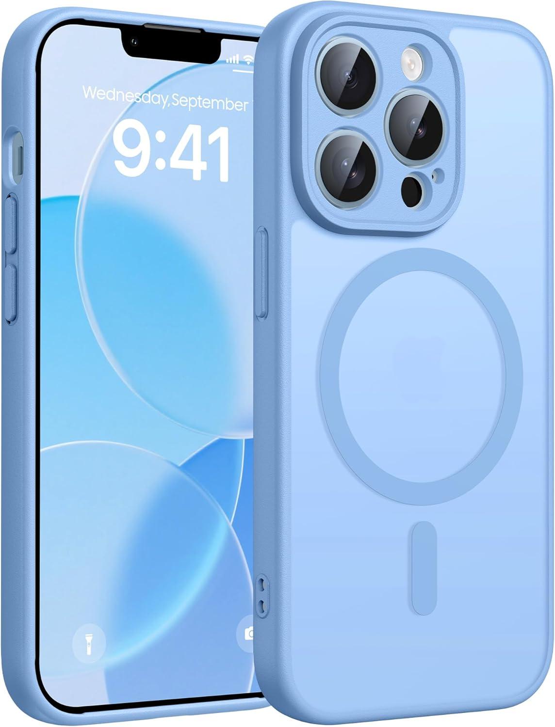 imageFNTCASE for iPhone 15 Pro Case Compatible with Magsafe Translucent Matte Magnetic Phone Cover Military Grade Drop Protection Shockproof Protective Cases BlackLight Blue