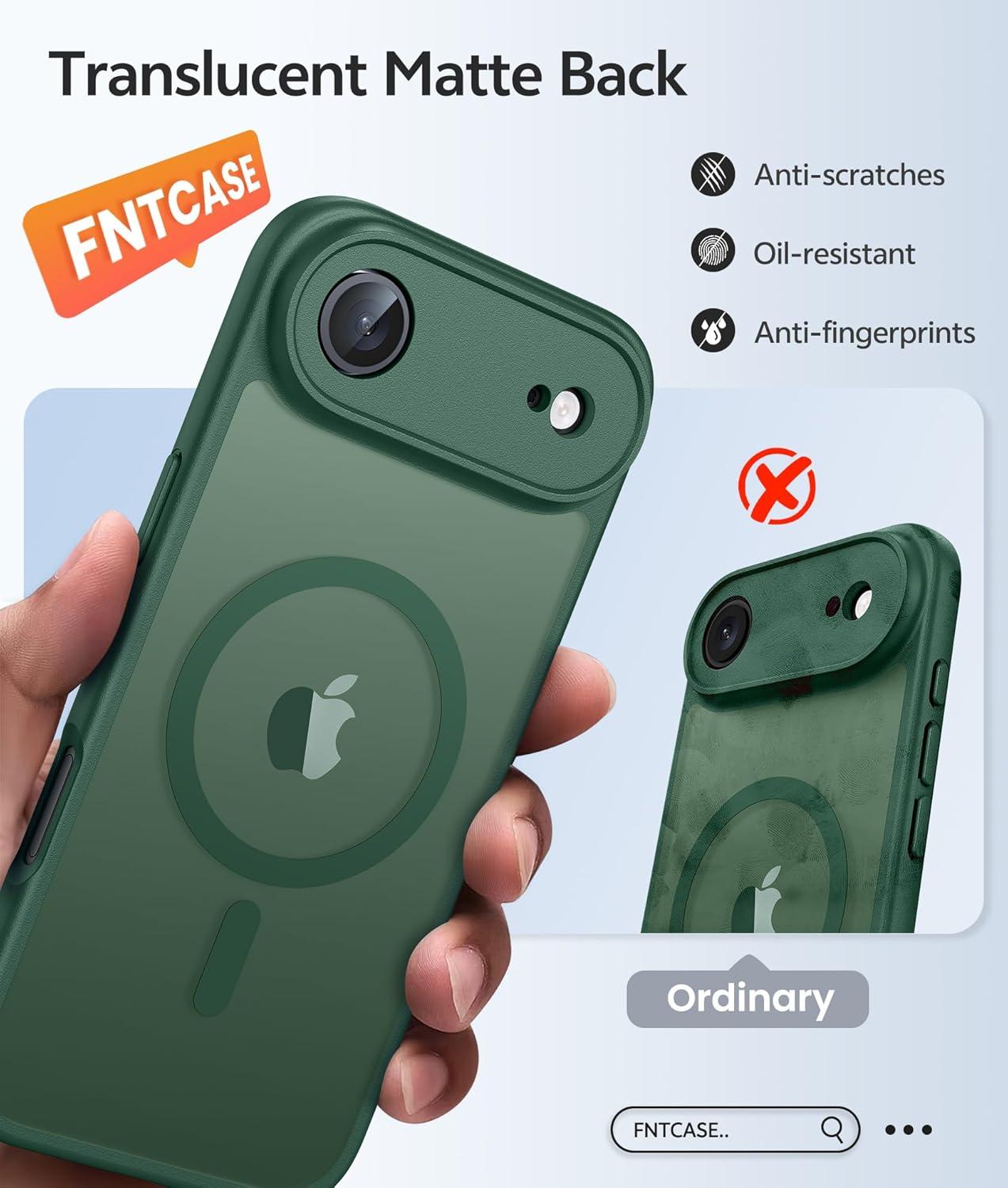 imageFNTCASE for iPhone 15 Pro Case Compatible with Magsafe Translucent Matte Magnetic Phone Cover Military Grade Drop Protection Shockproof Protective Cases BlackGreen