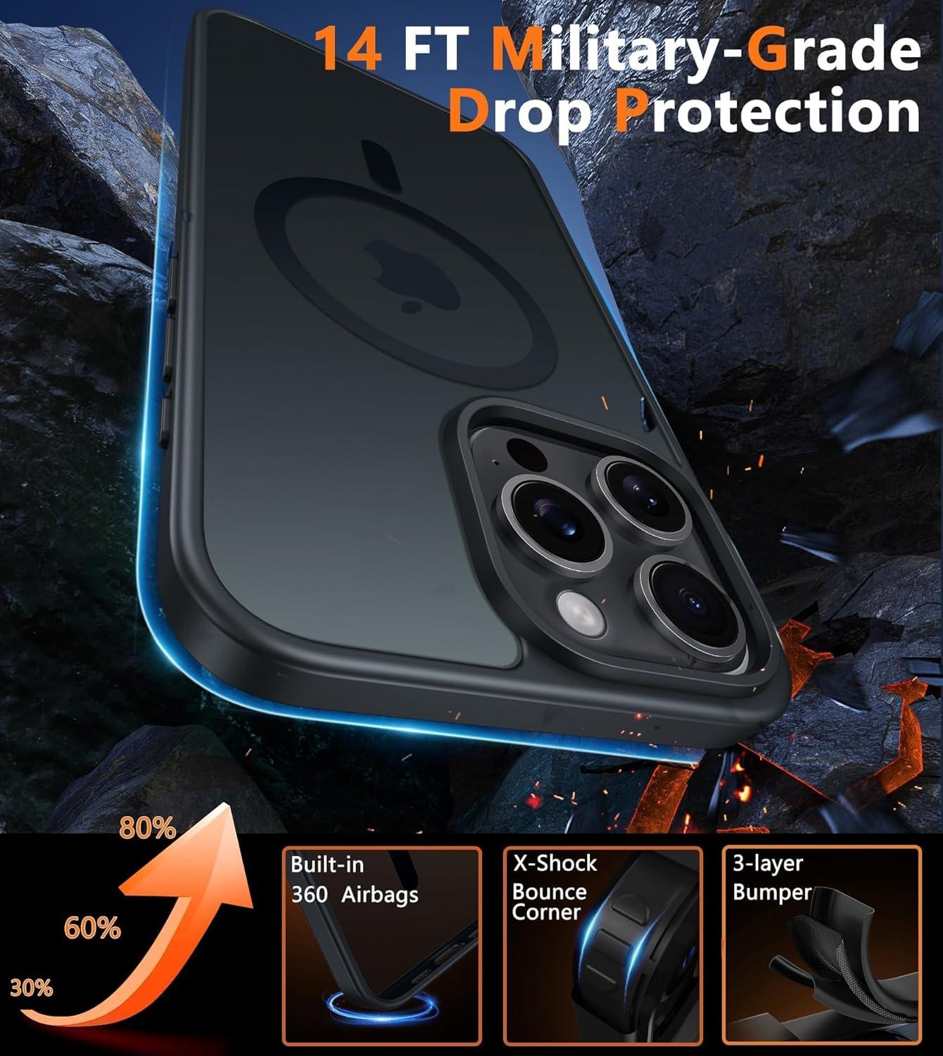 imageFNTCASE for iPhone 15 Pro Case Compatible with Magsafe Translucent Matte Magnetic Phone Cover Military Grade Drop Protection Shockproof Protective Cases BlackBlack
