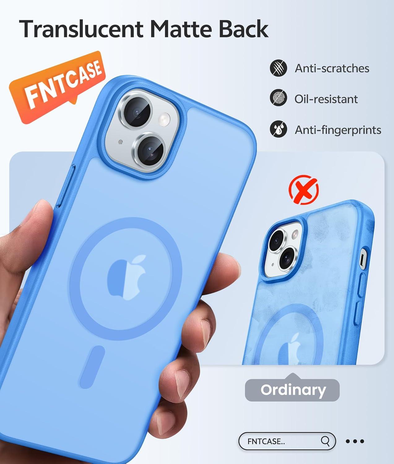 imageFNTCASE for iPhone 15 Pro Case Compatible with Magsafe Translucent Matte Magnetic Phone Cover Military Grade Drop Protection Shockproof Protective Cases BlackIce Blue