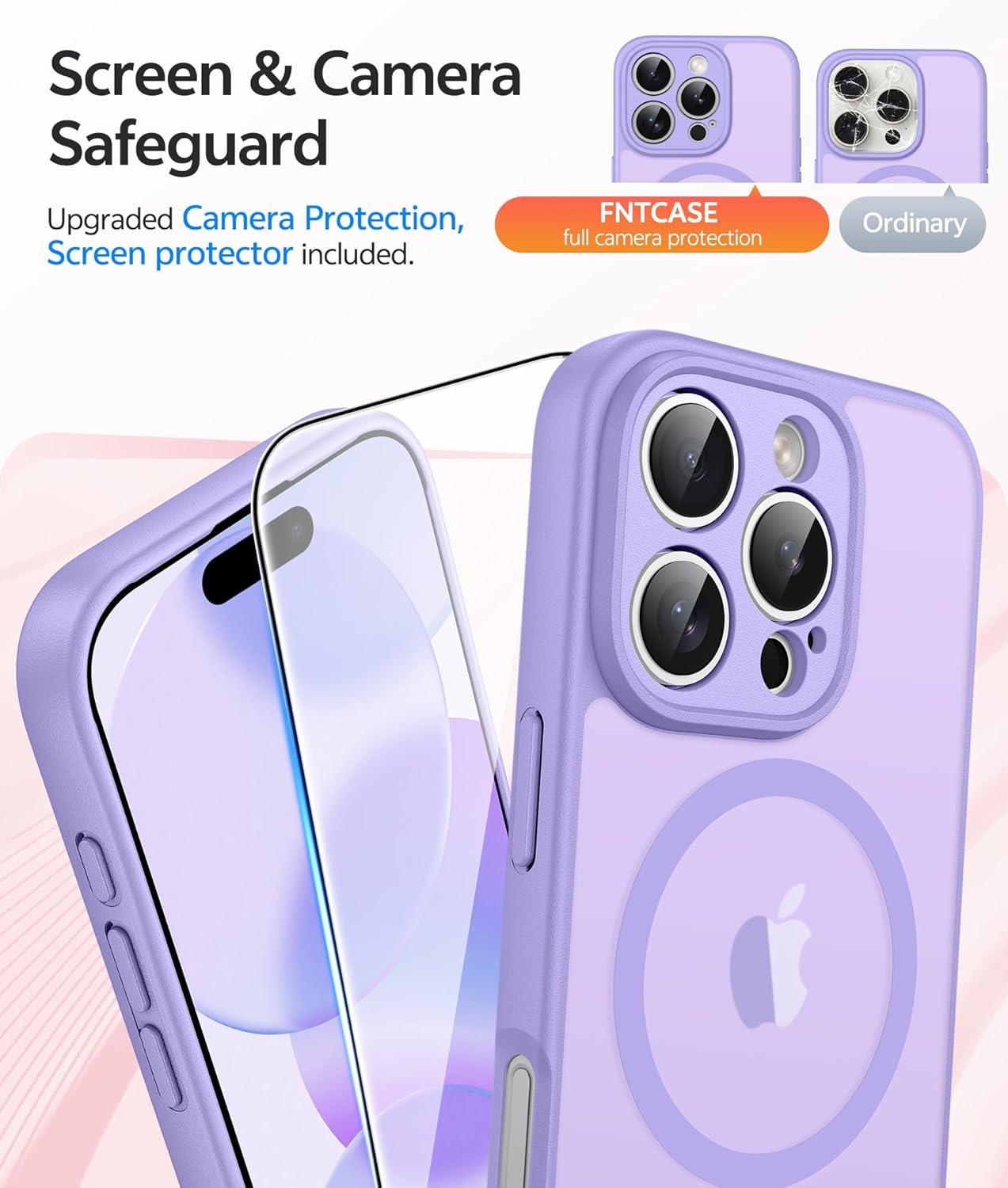 imageFNTCASE for iPhone 15 Pro Case Compatible with Magsafe Translucent Matte Magnetic Phone Cover Military Grade Drop Protection Shockproof Protective Cases BlackLight Purple