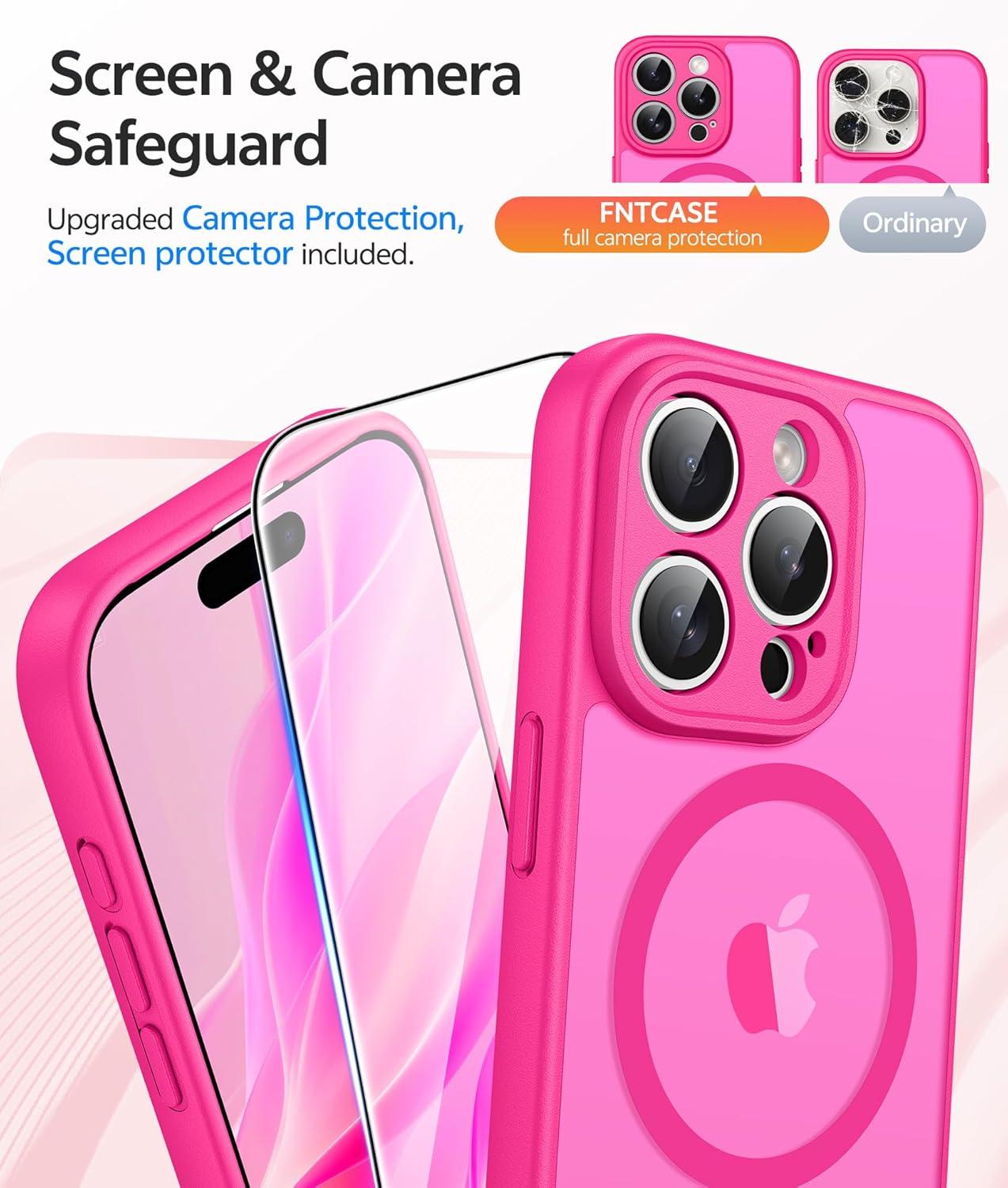 imageFNTCASE for iPhone 15 Pro Case Compatible with Magsafe Translucent Matte Magnetic Phone Cover Military Grade Drop Protection Shockproof Protective Cases BlackHot Pink