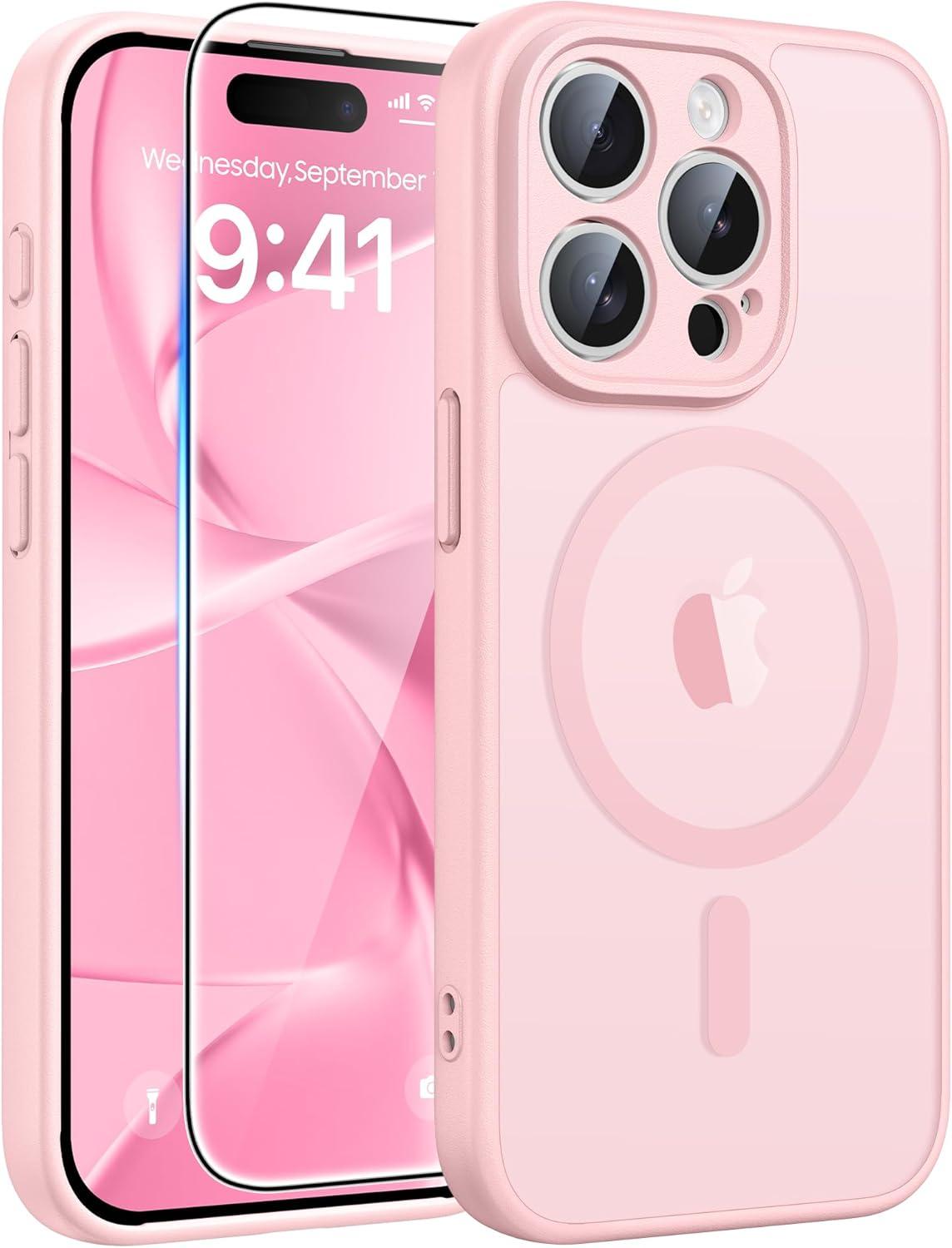imageFNTCASE for iPhone 15 Pro Case Compatible with Magsafe Translucent Matte Magnetic Phone Cover Military Grade Drop Protection Shockproof Protective Cases BlackLight Pink