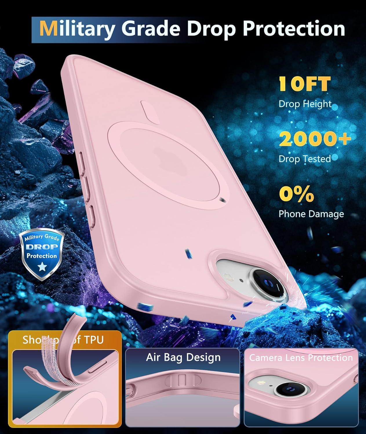 imageFNTCASE for iPhone 15 Pro Case Compatible with Magsafe Translucent Matte Magnetic Phone Cover Military Grade Drop Protection Shockproof Protective Cases BlackLight Pink