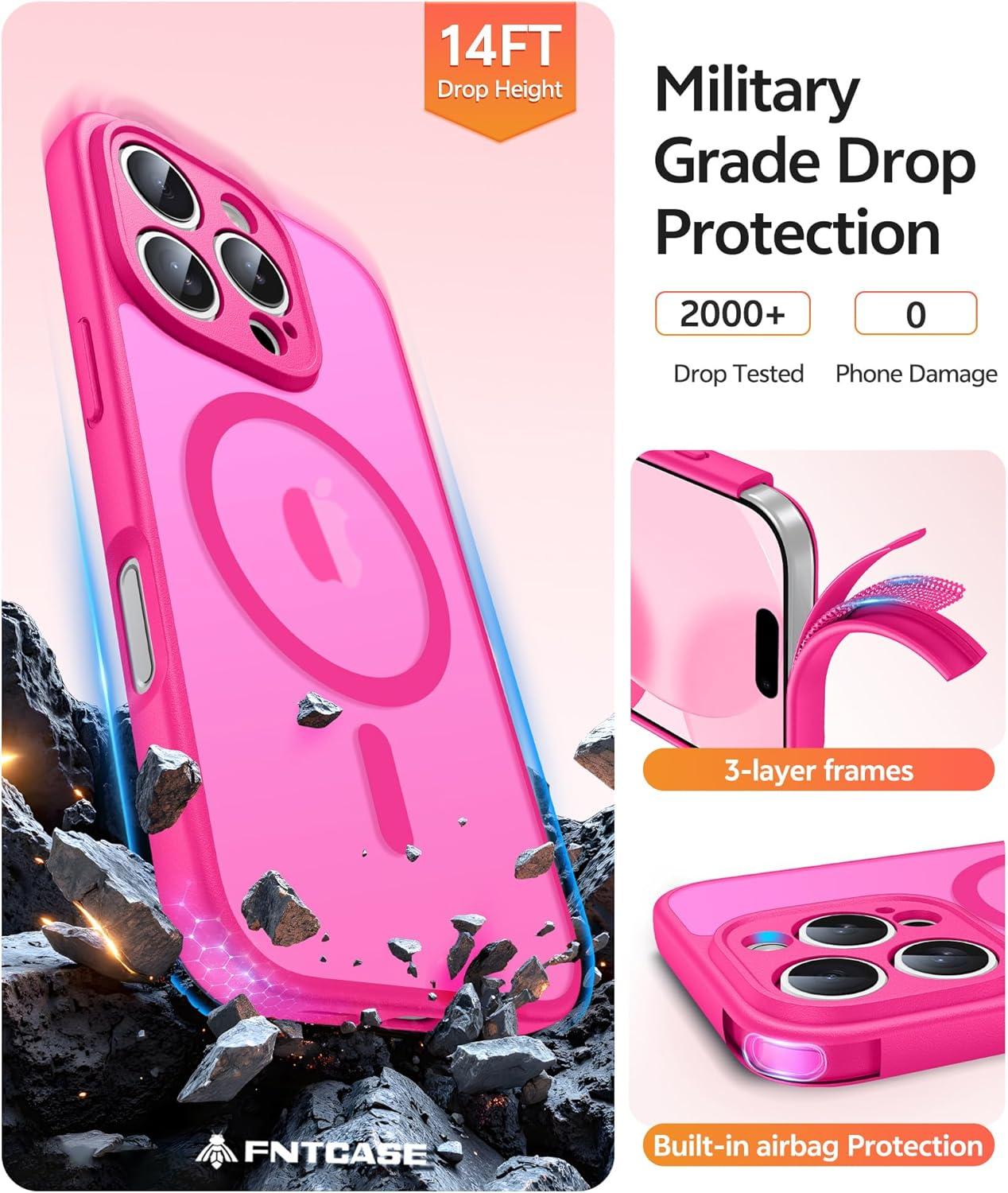 imageFNTCASE for iPhone 15 Pro Case Compatible with Magsafe Translucent Matte Magnetic Phone Cover Military Grade Drop Protection Shockproof Protective Cases BlackHot Pink