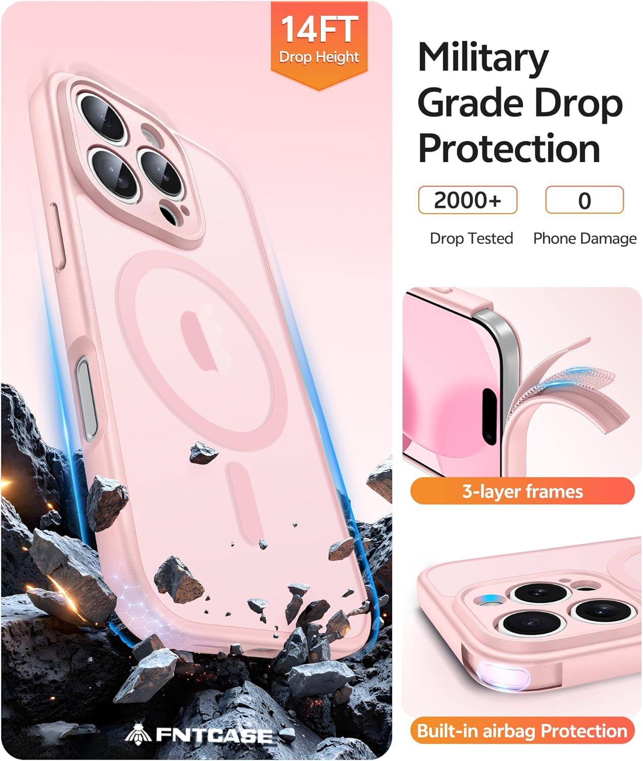 imageFNTCASE for iPhone 15 Pro Case Compatible with Magsafe Translucent Matte Magnetic Phone Cover Military Grade Drop Protection Shockproof Protective Cases BlackLight Pink