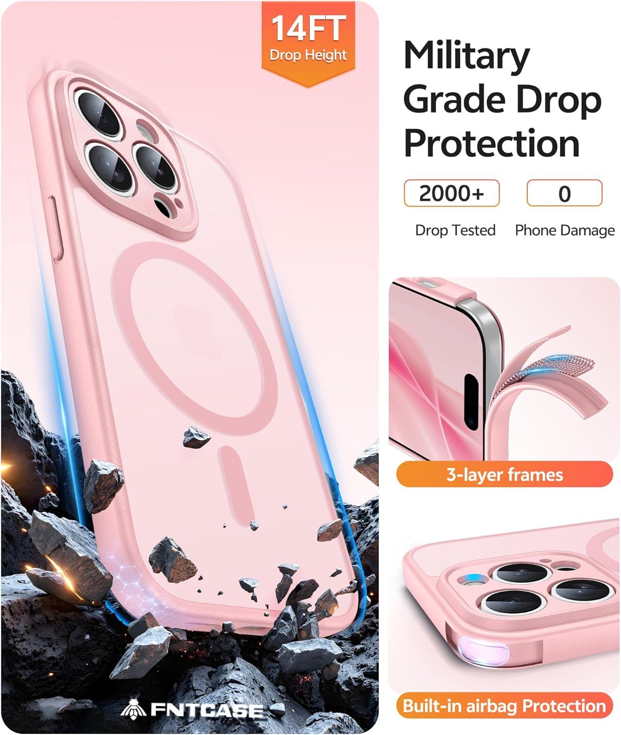 imageFNTCASE for iPhone 15 Pro Case Compatible with Magsafe Translucent Matte Magnetic Phone Cover Military Grade Drop Protection Shockproof Protective Cases BlackLight Pink