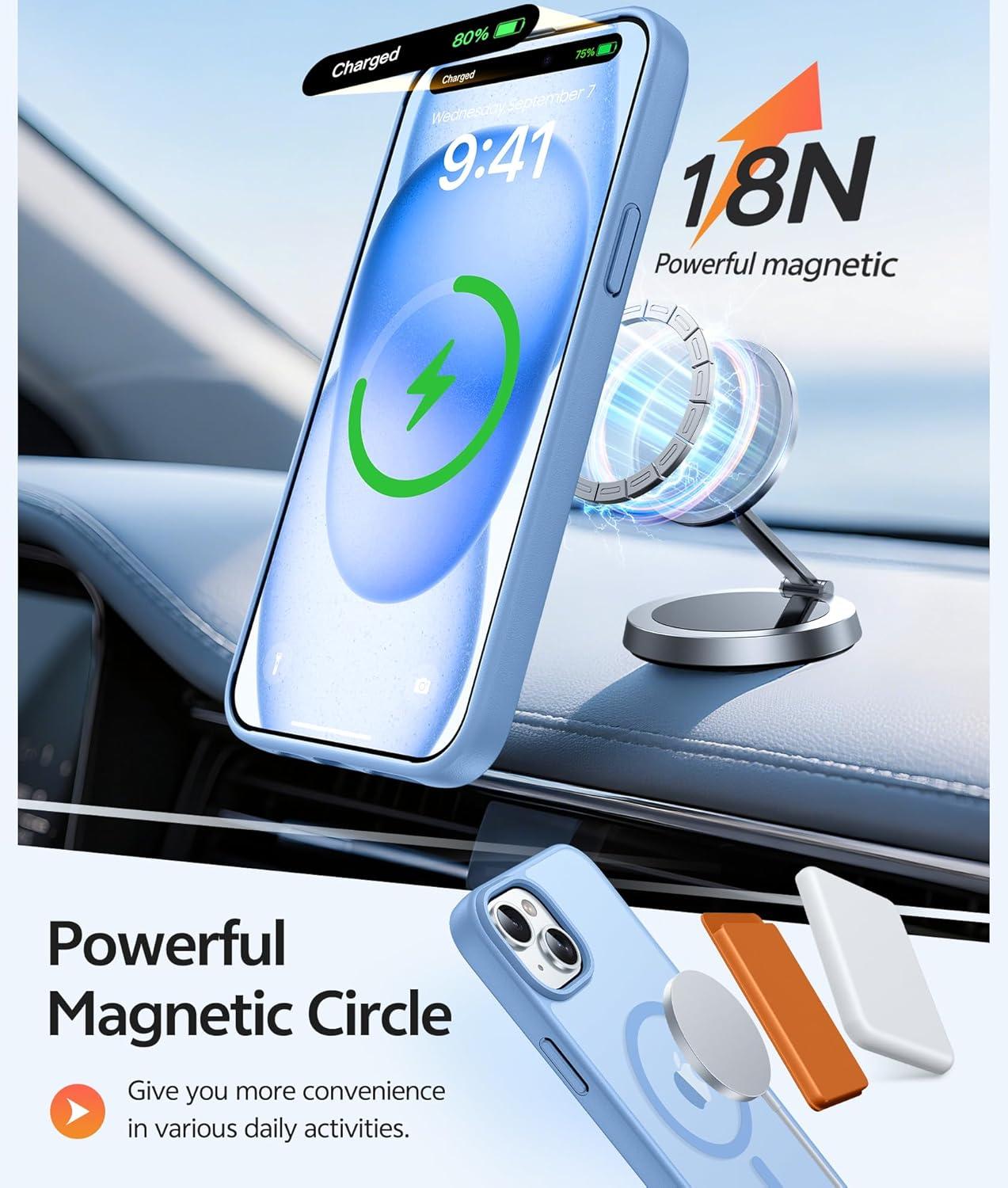 imageFNTCASE for iPhone 15 Pro Case Compatible with Magsafe Translucent Matte Magnetic Phone Cover Military Grade Drop Protection Shockproof Protective Cases BlackLight Blue